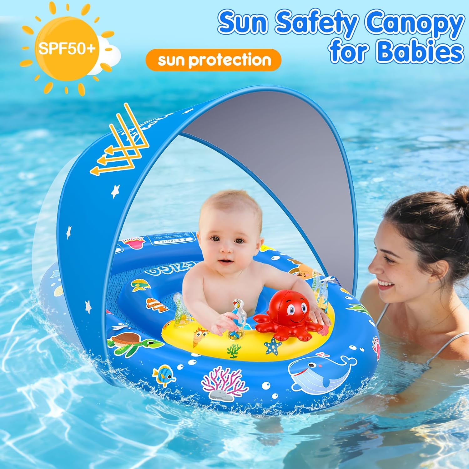 EZIGO Baby Pool Float with Canopy UPF50+ Sun Protection, Inflatable Kids Pool Floats with Ocean Animal Toys for Baby 6-36 Months, Infant Swimming Float with Adjustable Safety Seat for Boys Girls