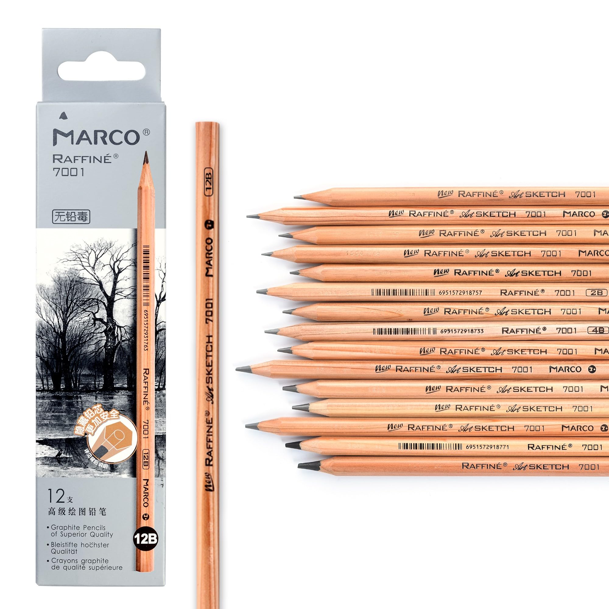 Marco 7001 Wooden Pencil for Drawing Professional Sketching Wooden Pencil Hexagonal Shaft (7001-12B, 12) 12 7001 (raw wood)-12B