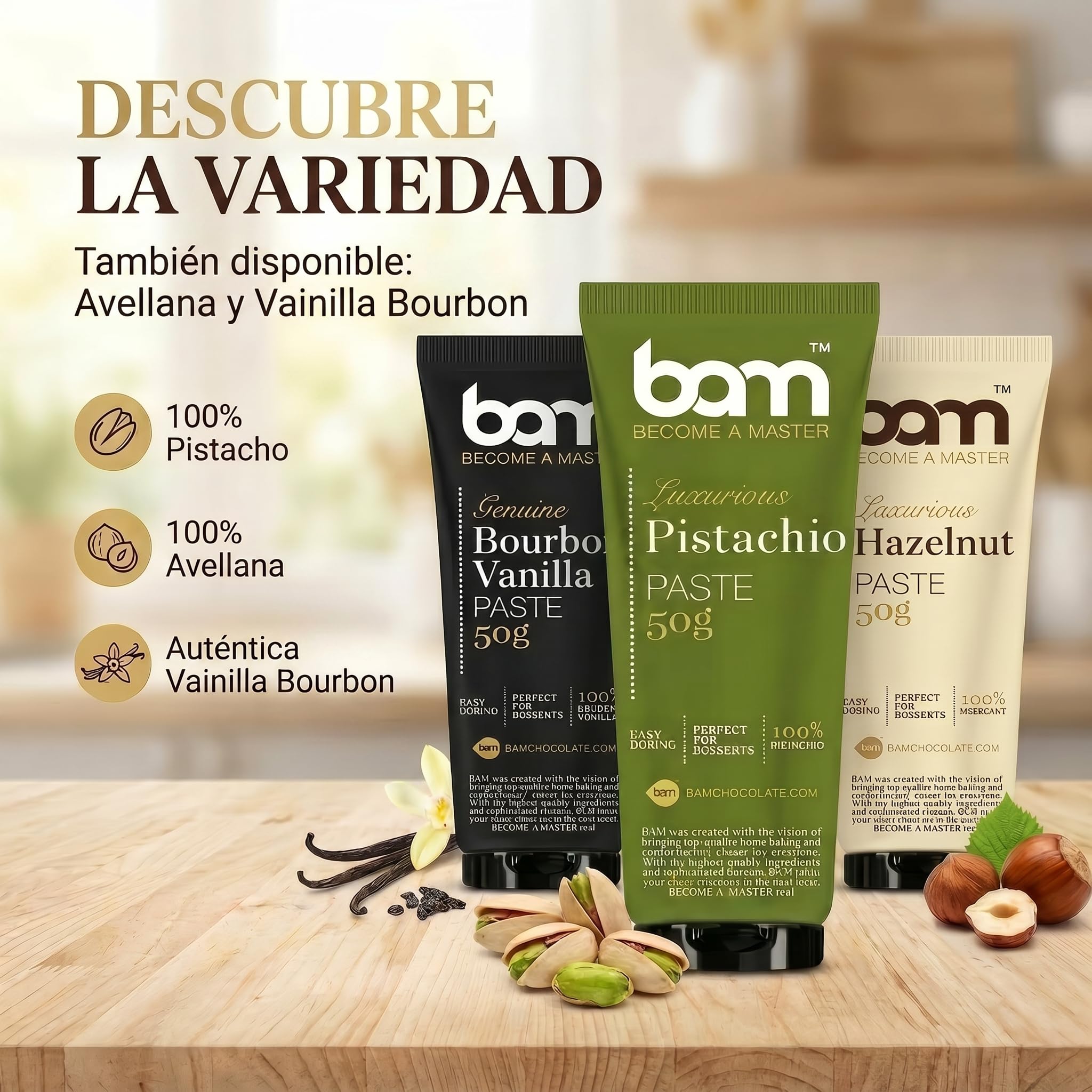BAM Pasta de Vainilla en Tubo, 50 g – Extracto de Vainilla Bourbon de Madagascar con Semillas Naturales – sin Alcohol y sin Gluten