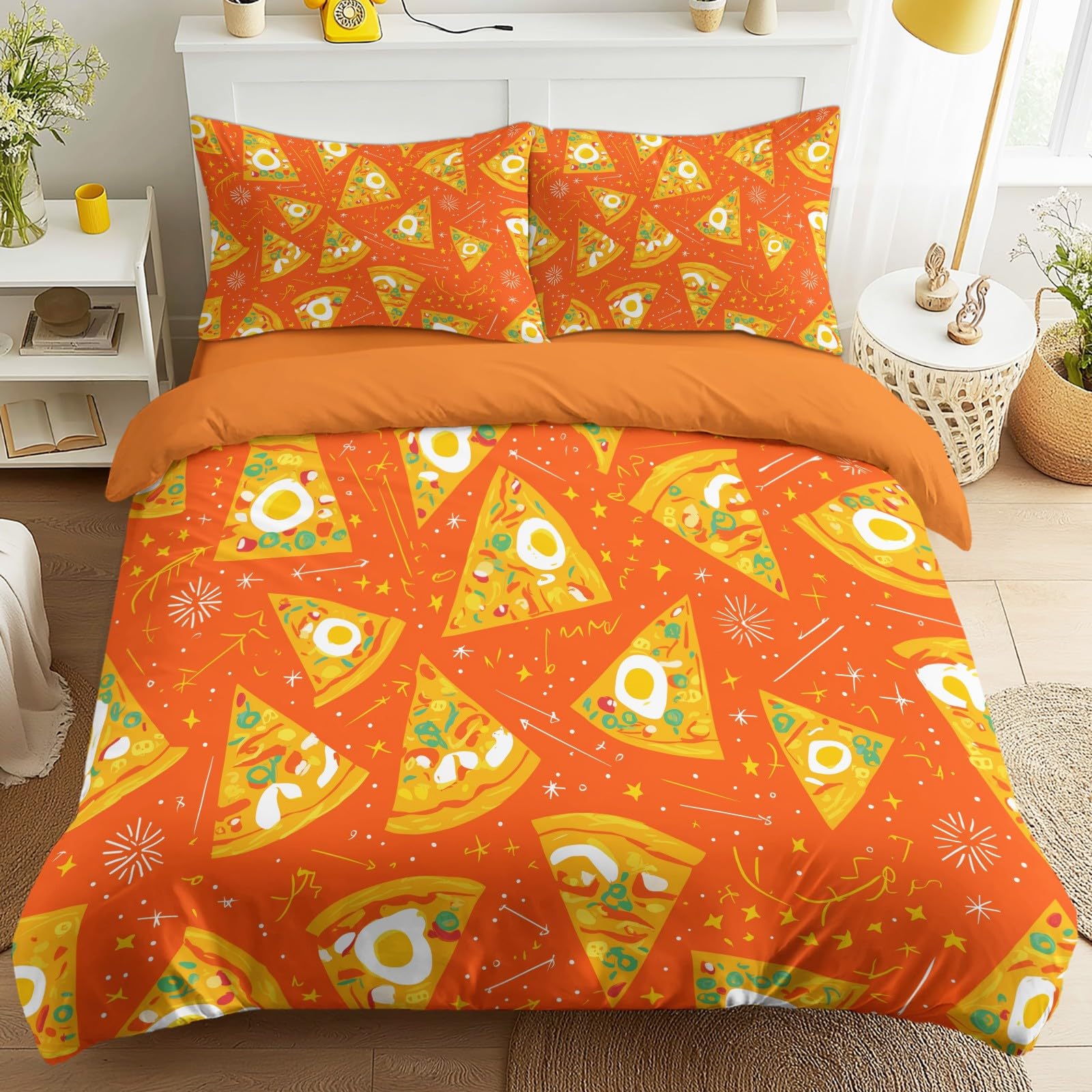 Housse de couette 200x200 motif pizza et parure de lit 4 pièces pour drap housse double