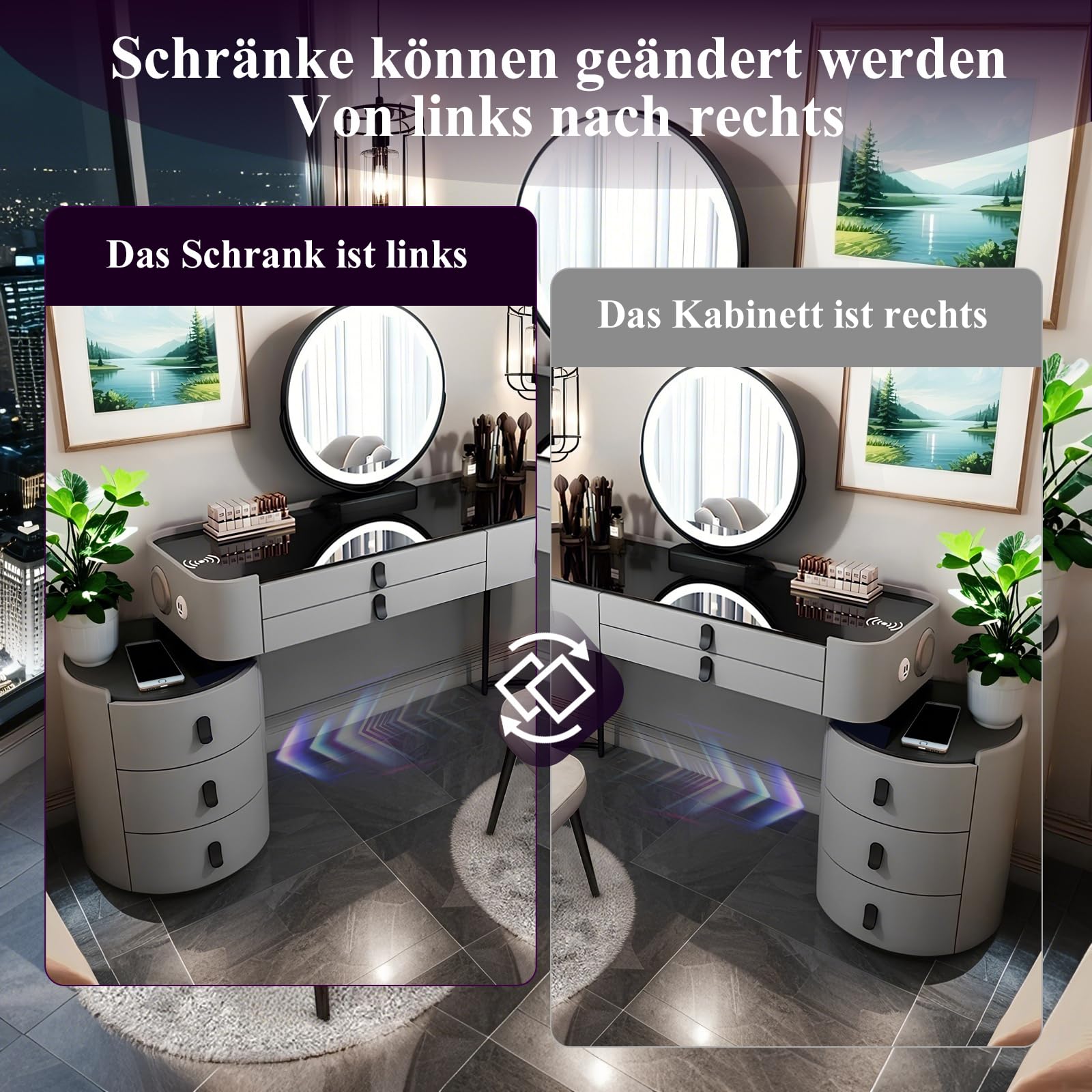 Kosmetiktisch mit Spiegel und Licht Schminktisch mit 6 Schubladen Massivholz Frisiertisch mit Stuhl, Schminktisch mit Bluetooth -Lautsprecher und Drahtloses Laden (Grau mit gehärtetem Glas A, 100CM)