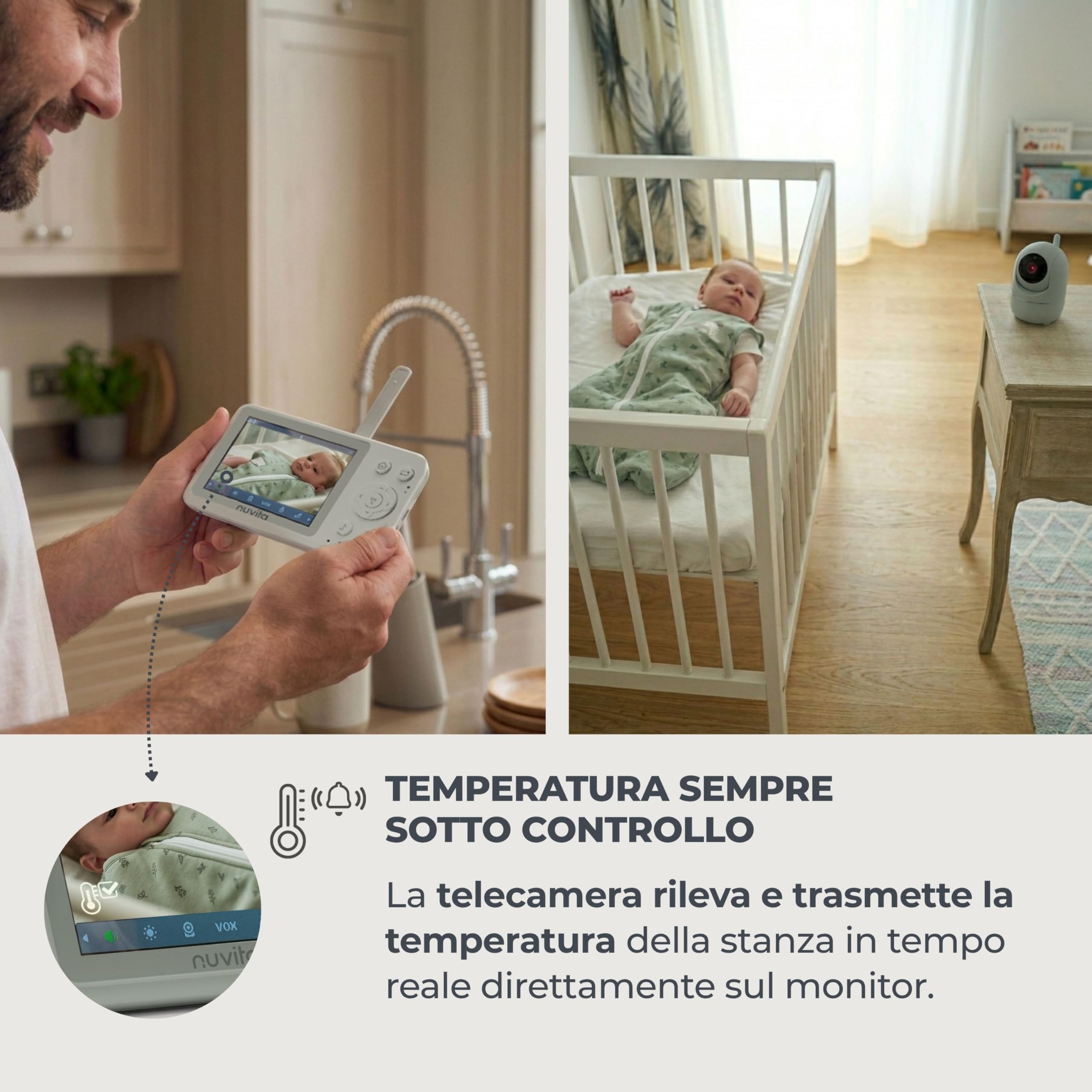 Nuvita 3035 Baby Monitor Video 3.2" - Cámara HD 360° Pan & Tilt, Visión Nocturna, Alcance 300m, Audio Bidireccional, VOX, Sensor de Temperatura