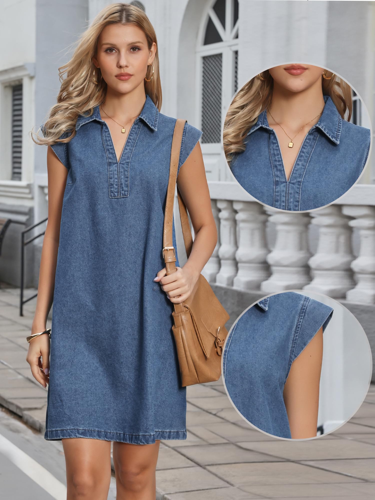 Allegra K Mini Robe en Jean Femme Col V et Manches Courtes Style Chemisier Coupe Ample Au-Dessus du Genou Tunique Décontractée