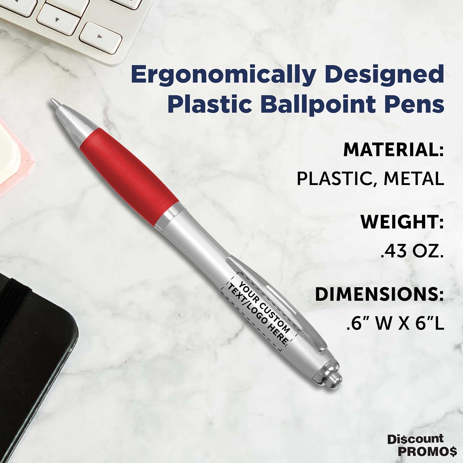 Personalized Ballpoint Pens with Rubber Grip and Click Button, Pack of 100 by DISCOUNT PROMOS - Ergonomic Design, Ideal for Bulk Office Supplies & Trade Shows - Red