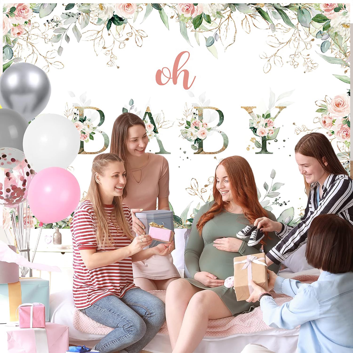 3.6x3m Telón de Fondo Baby Shower Oh Baby Girl Blush Pink y Oro Floral Verde Hojas de eucalipto Fotografía de Fondo recién Nacido Baby Shower Cumpleaños Decoraciones Banner Photo Booth Props