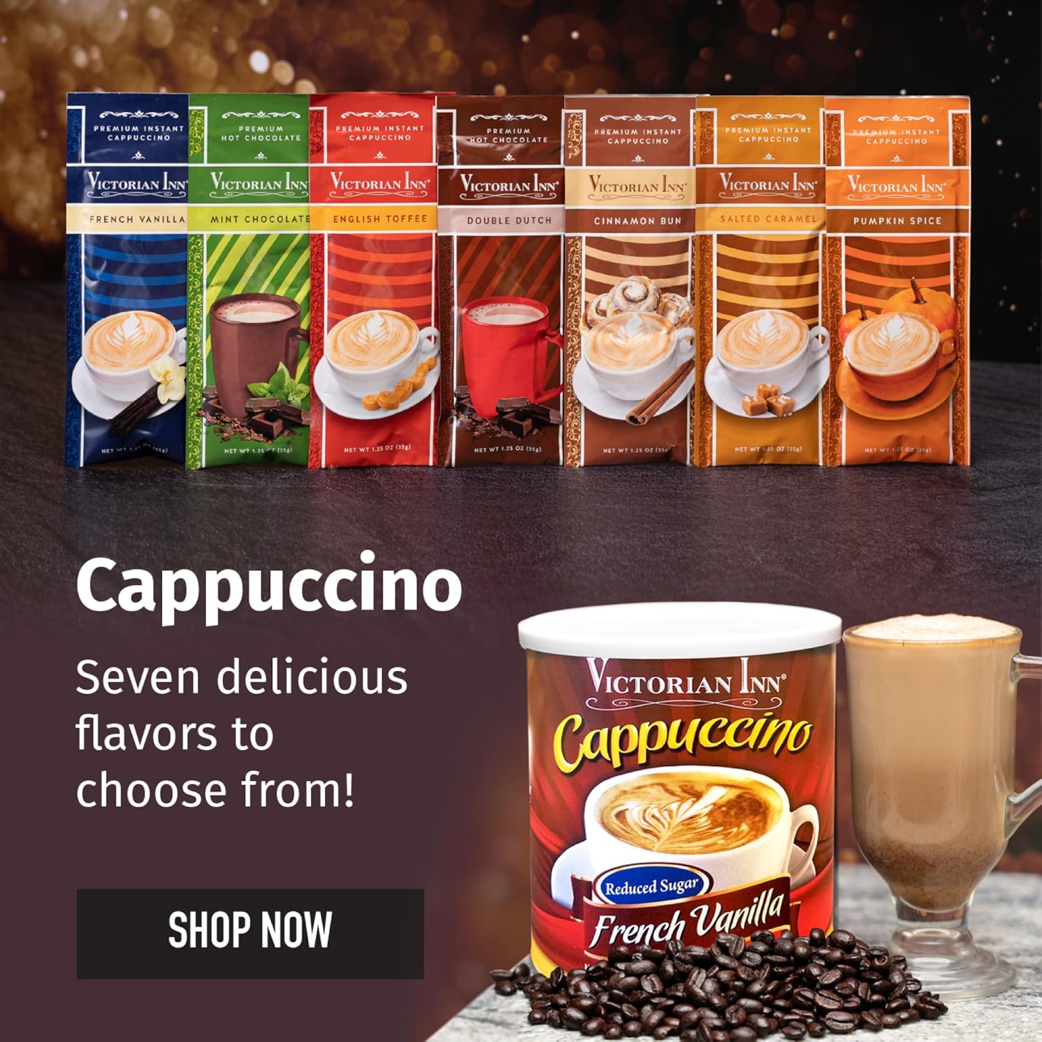 Victorian Inn Instant Cappuccino - French Vanilla - Reduced Sugar - Creamy & Delightful Coffee Mix - Great Hot, Cold, or Blended - Ideal as Coffee Creamer - 1.4 Pound (Pack of 6)