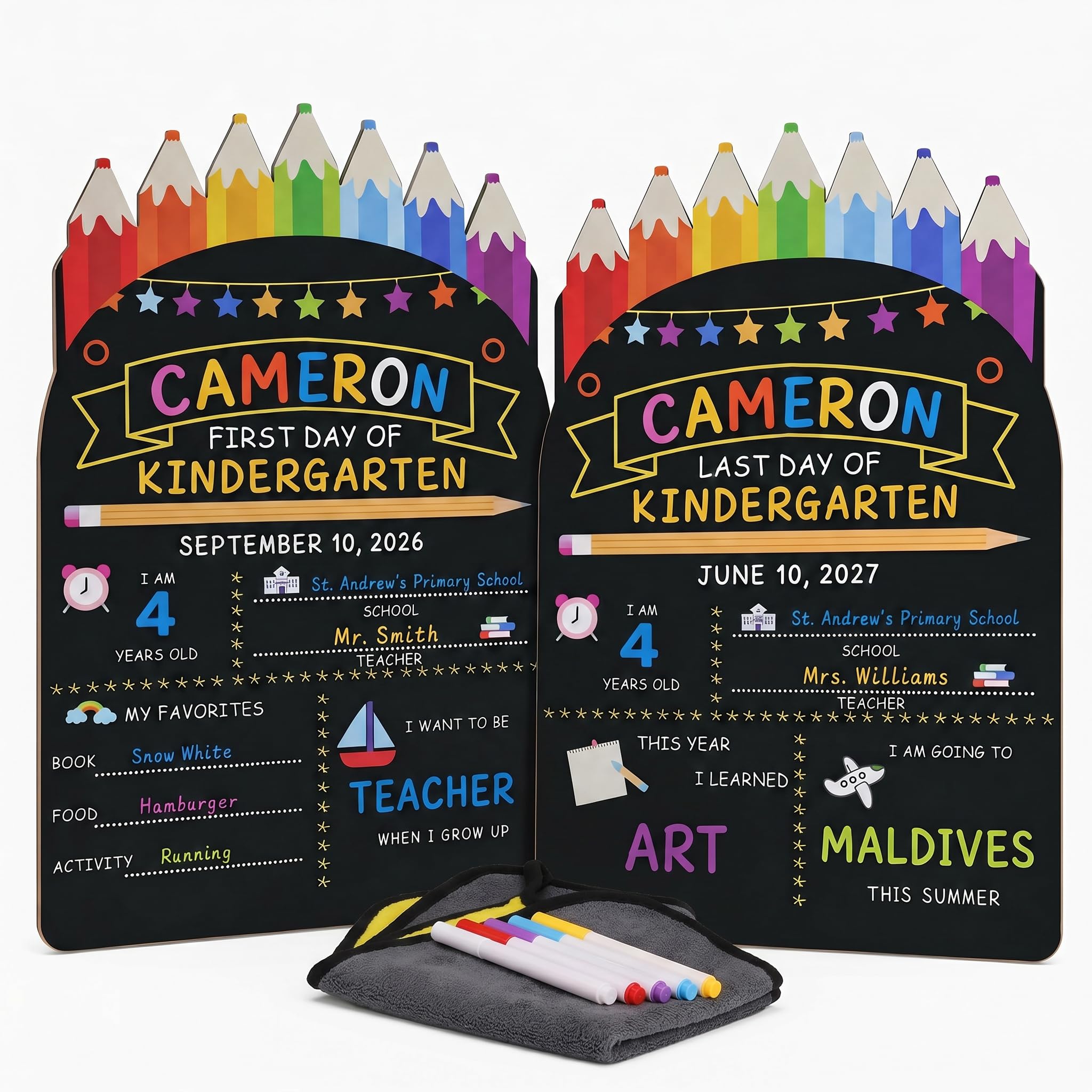 First Day of School Board Gifts, Reusable-Sided Pencil Chalkboard Sign, Back to School Chalk Supplies, My Starting Day Gifts Decorations, 1st Secondary Letter Photo Blackboard, 5 Pen 1 Cloth