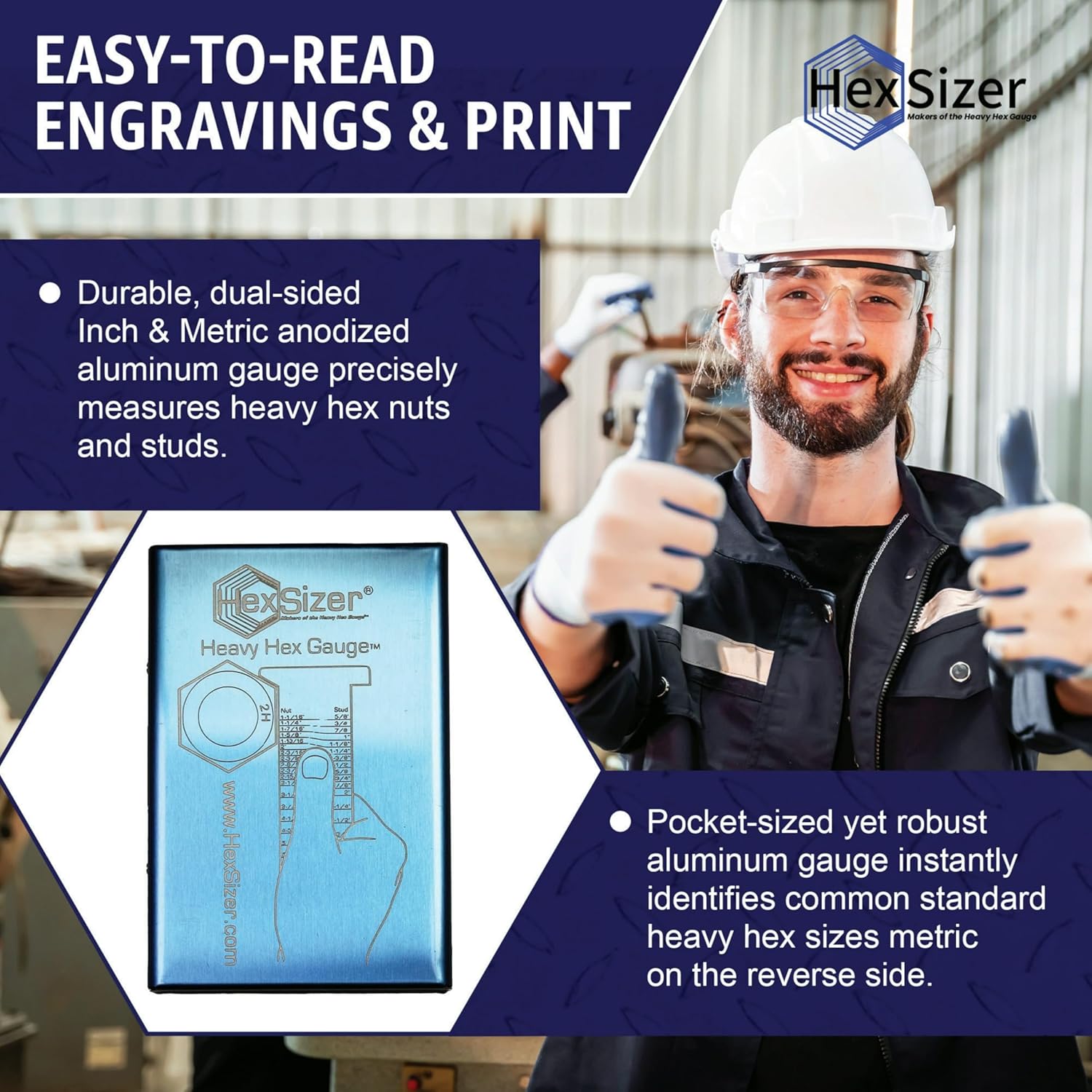 HexSizer 6-in-1 Heavy Hex and Thread Gauge Set - Dual Inch & Metric Measurement Tool, Compact, Durable Aluminum Gauge for Measuring Heavy Hex, Nuts, Studs, and Bolts - Imperial & Metric Units (Blue)