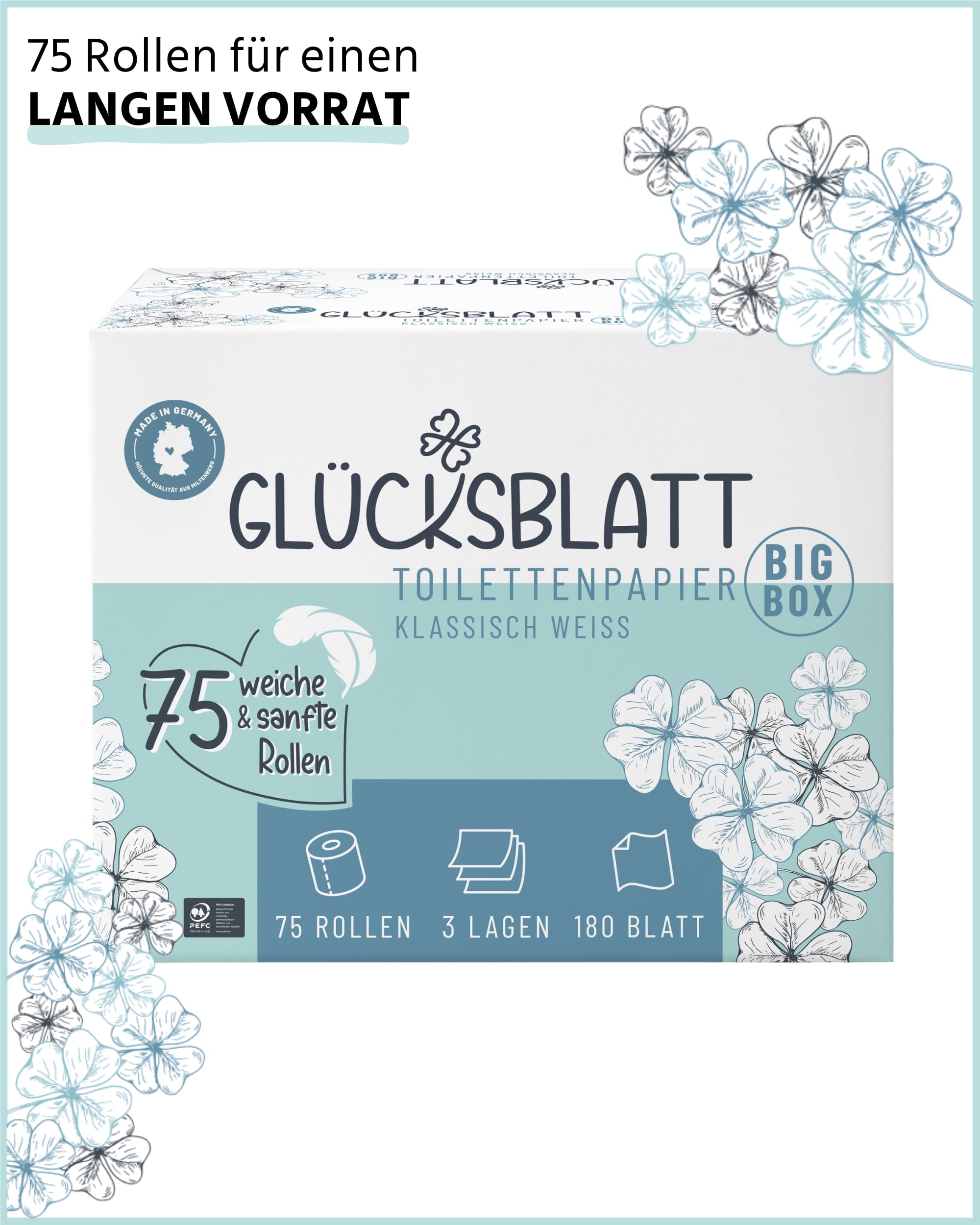 Glücksblatt Toilettenpapier Box, 3-lagig, 75 Rollen x 180 Blatt, 100% Zellstoff, Großpackung, superweiches Klopapier, WC Papier, wiederverwendbarer Vorratskarton