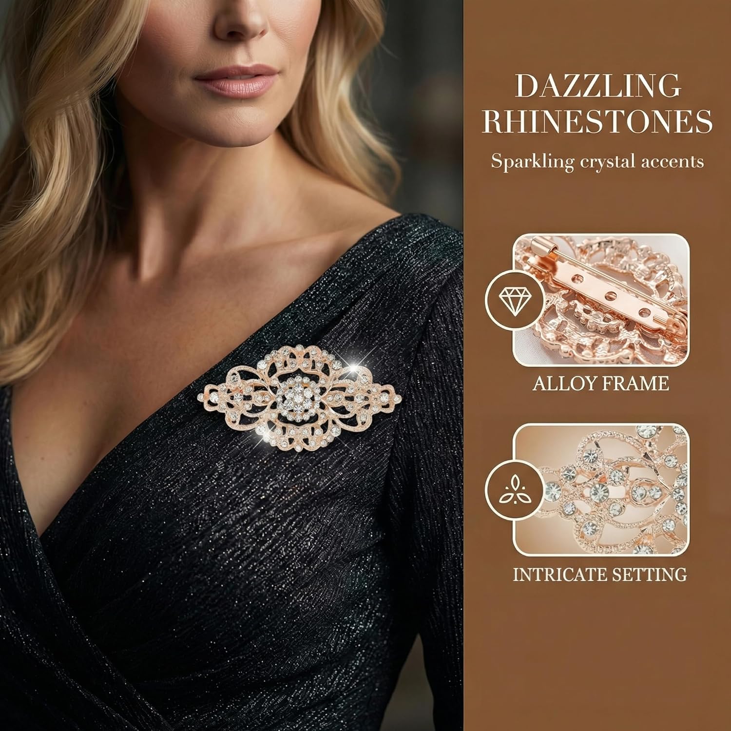 Gold Brooch for Dress Vintage Art Deco Crystal and Rhinestone Pin Diamond-Style Brooches for Women’s Wedding Dresses Fashion Pins for Bustle Large Decorative Brooches - Image 3