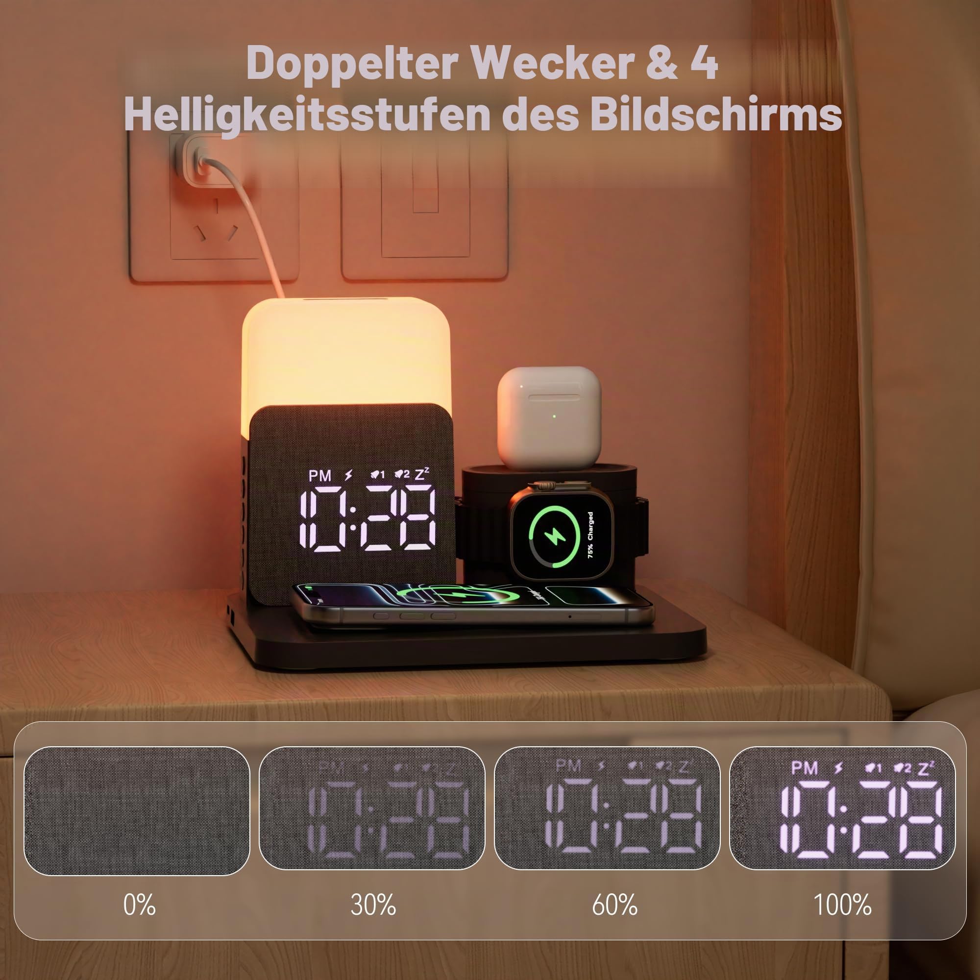 5 in 1 Induktive Ladestation für A-pple Watch und Phone 17-11 und air-pods | 15W Wireless Charger Wecker mit Ladestation Nachttischlampe mit Ladefunktion mit Adapter zu Schlafzimmer