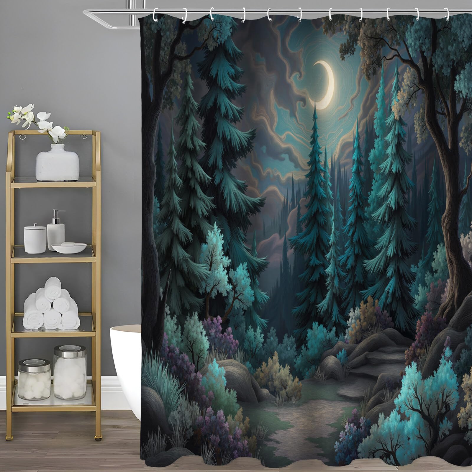 Rideau de douche pins de la forêt bleu-vert imprimé pour salle de bain