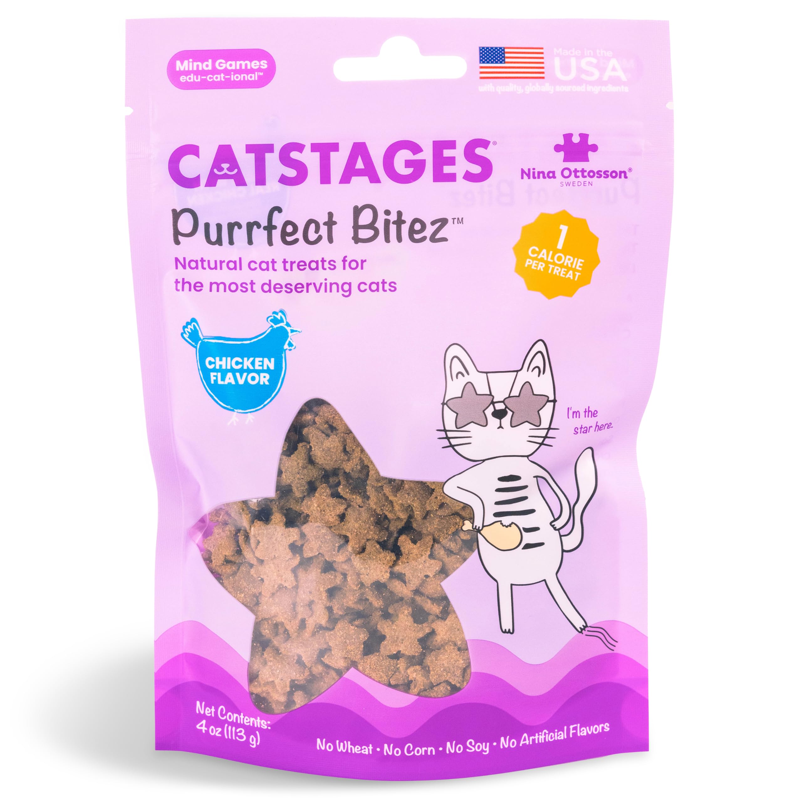 Catstages by Nina Ottosson Purrfect Bitez Natural Crunchy Cat Treats for Puzzles, Toys, Feeders, & Training, USA-Made, Real Chicken Flavor, 4oz