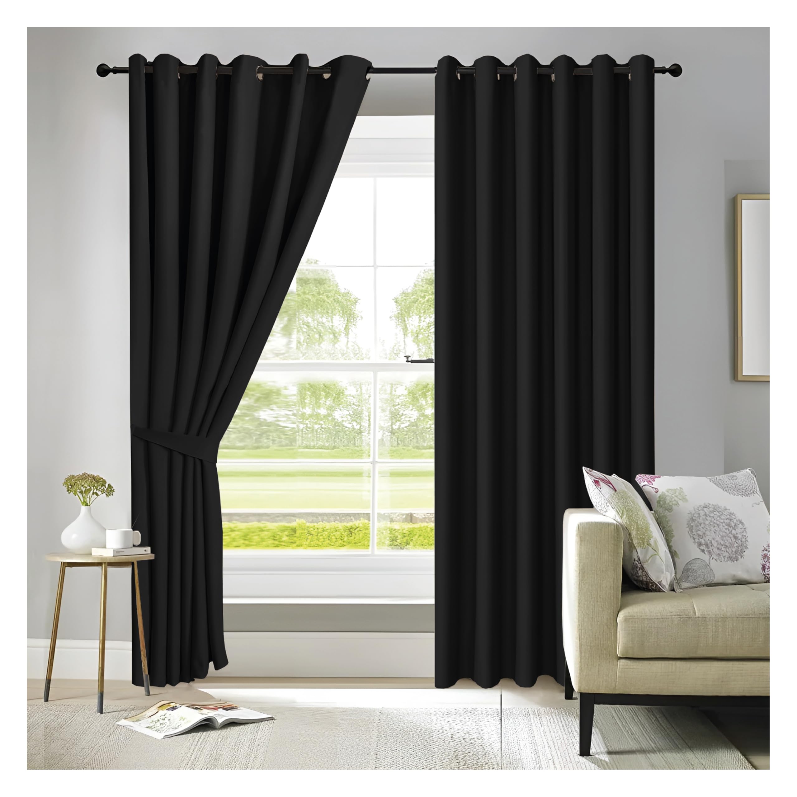 APEX FURNISHINGS Black Blackout Curtains for Bedroom 108 Inch Drop Thermal Insulated Eyelet Curtains & Drapes for Window Treatment & Living Room, 2 Panels (90x108 Inches)