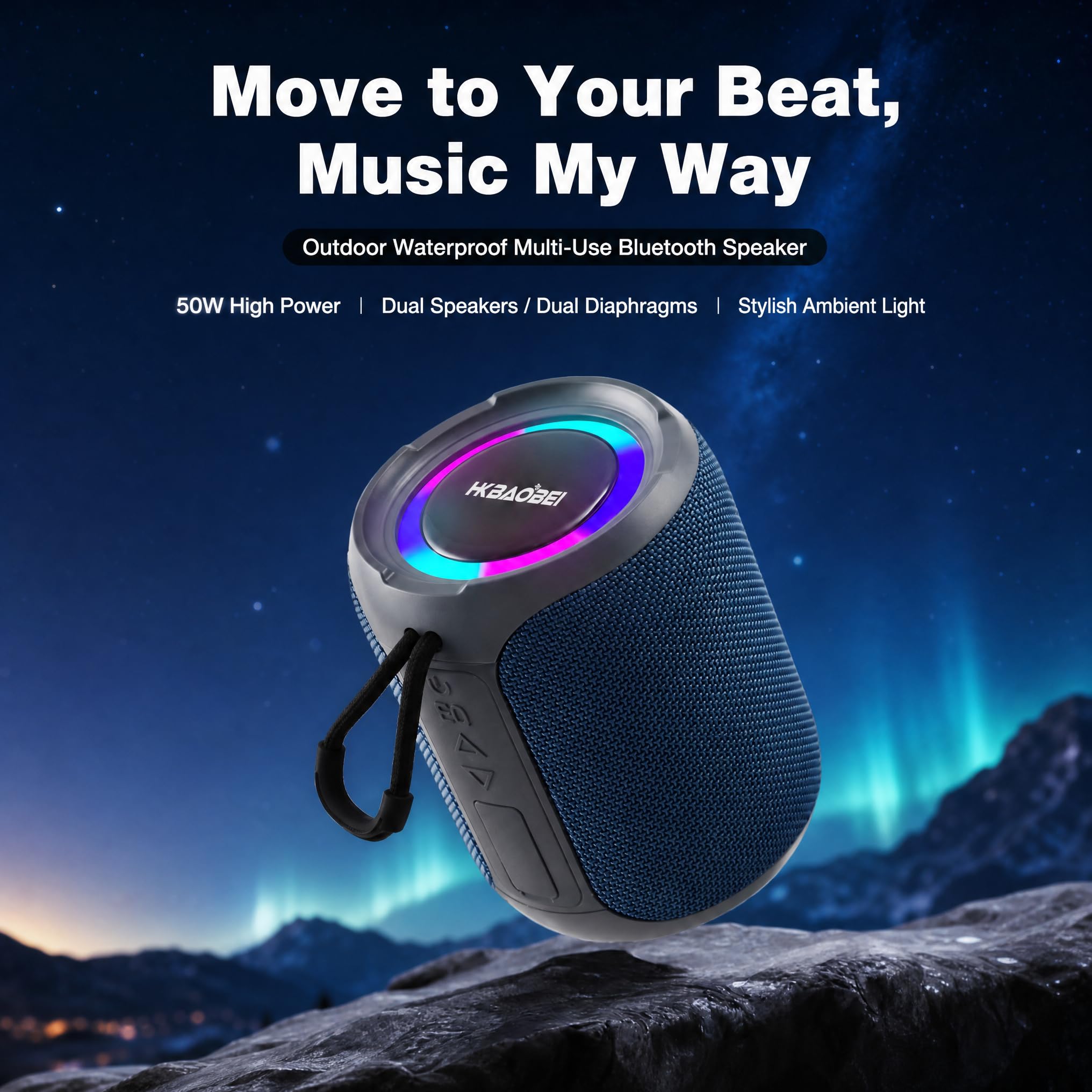Altoparlante Bluetooth portatile per esterni, con 50 W, impermeabile IPX7, senza fili, con luce RGB, Bluetooth 5.4, TWS stereo, supporta TF/USB/AUX per campeggio, spiaggia, piscina, blu