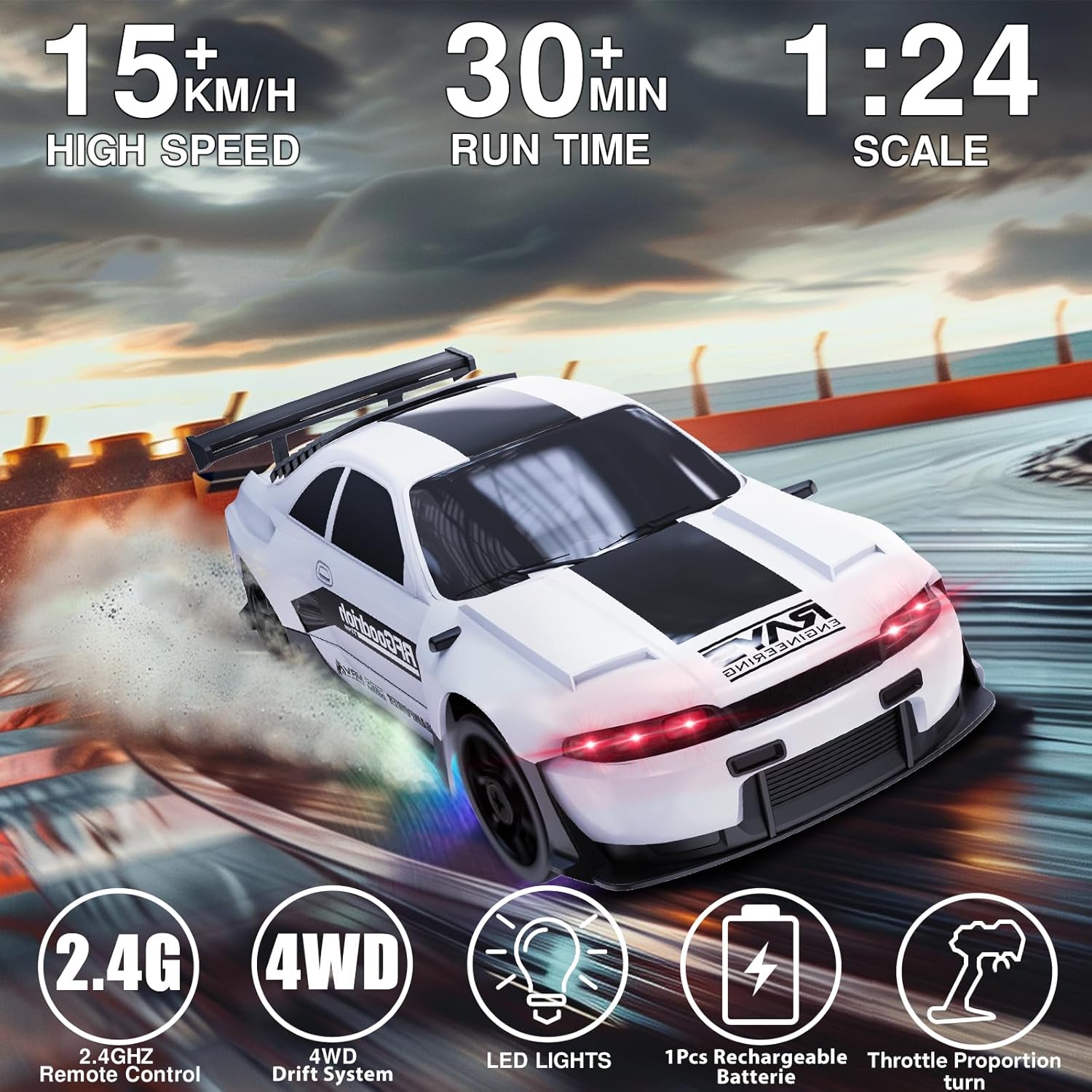 RC Drift Car 1:24 Remote Control Car 4WD 15KM/H High Speed Racing Sport Car with LED Lights RC Cars Toy for Kids Boys Girls Adults Gifts Birthday Christmas Rechargeable Batteries