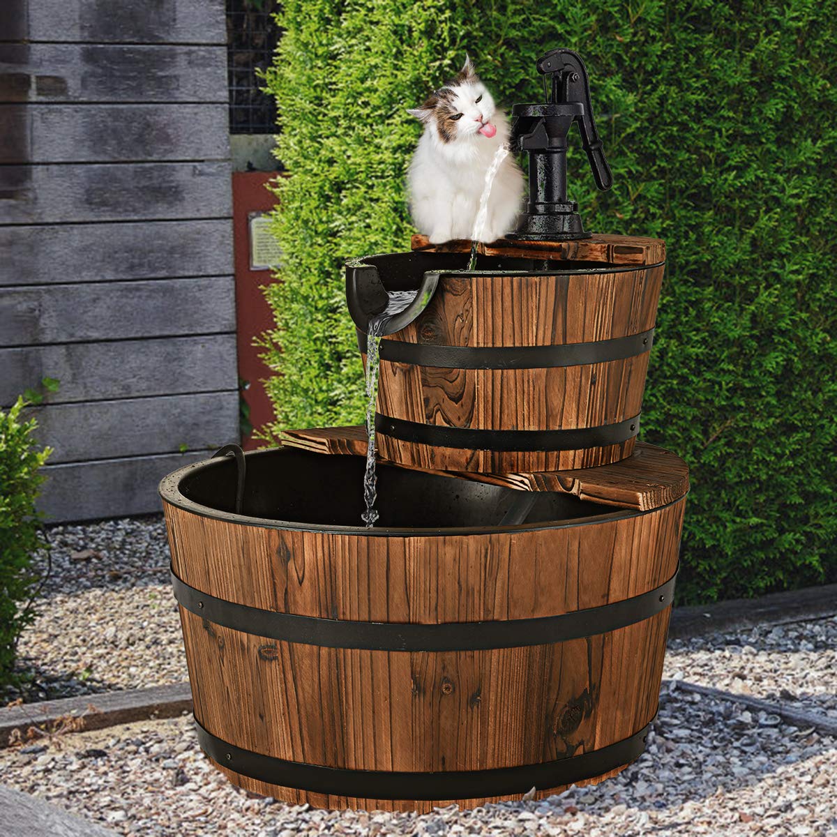 COSTWAY Fontana da Giardino 2 Piani con Pompa d'Acqua, Legno di Abete, Perfetto per Esterno, 61 x 44,5 x 44,5 cm