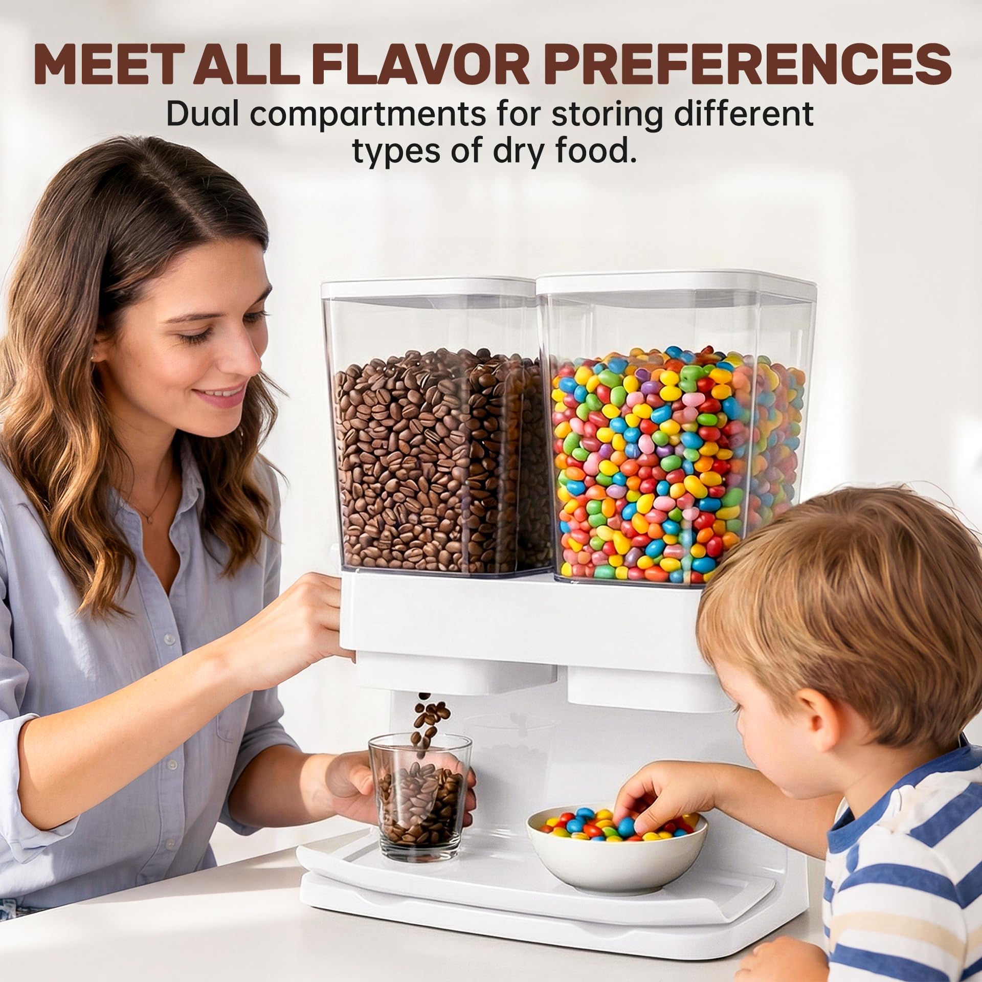 Sinceroduct Dispensador de cereales para encimera, dos grandes recipientes de 3 litros para almacenar cereales, dispensadores de alimentos secos como dulces, nueces y frijoles