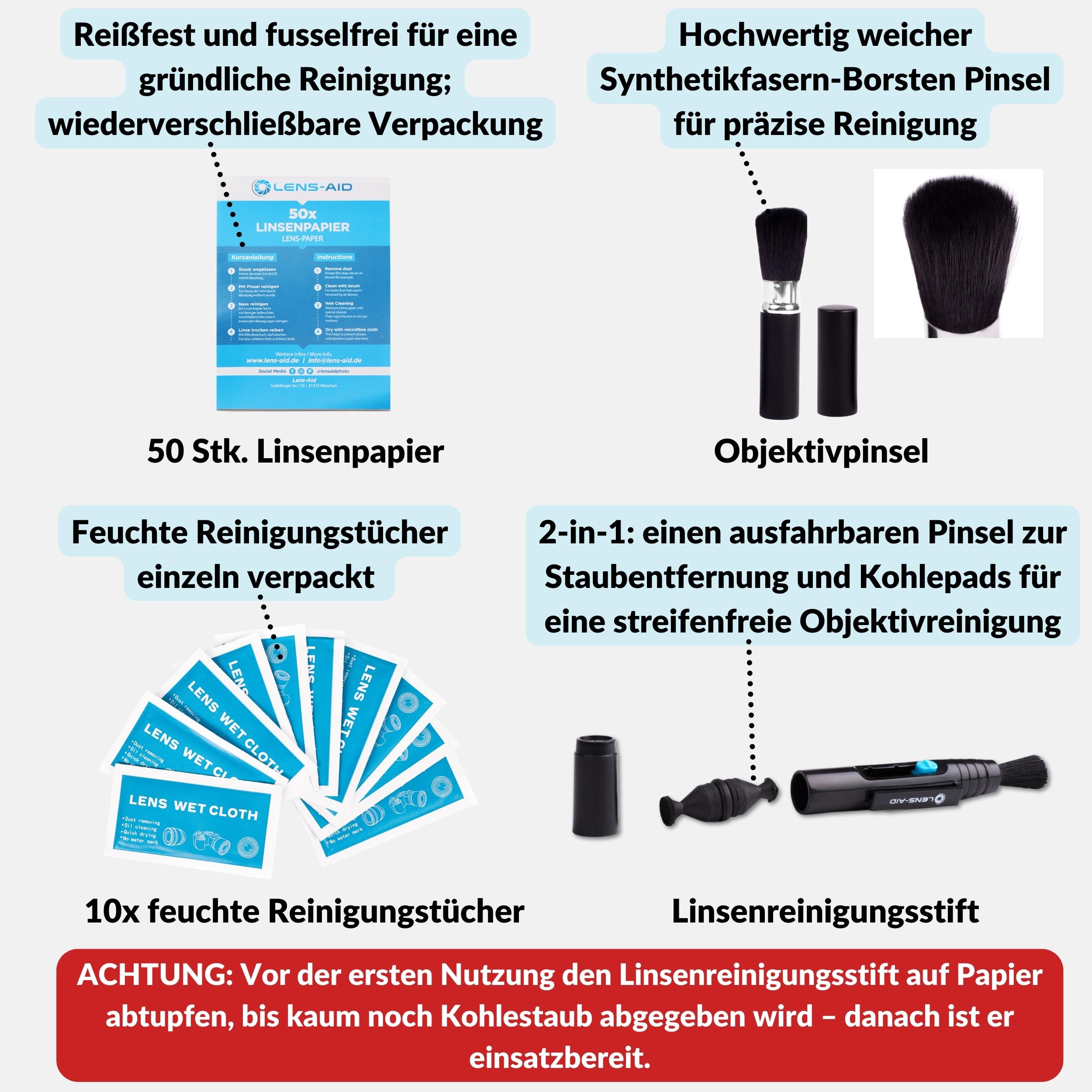 LENS-AID 8-in-1 Kamera Reinigungsset für Vollformat, APS-C & Objektiv - Mit Flüssig-Reiniger, Mikrofasertuch, Reinigungsstäbchen, feuchten Reinigungstüchern, Reinigungsstift, Blasebalg & mehr