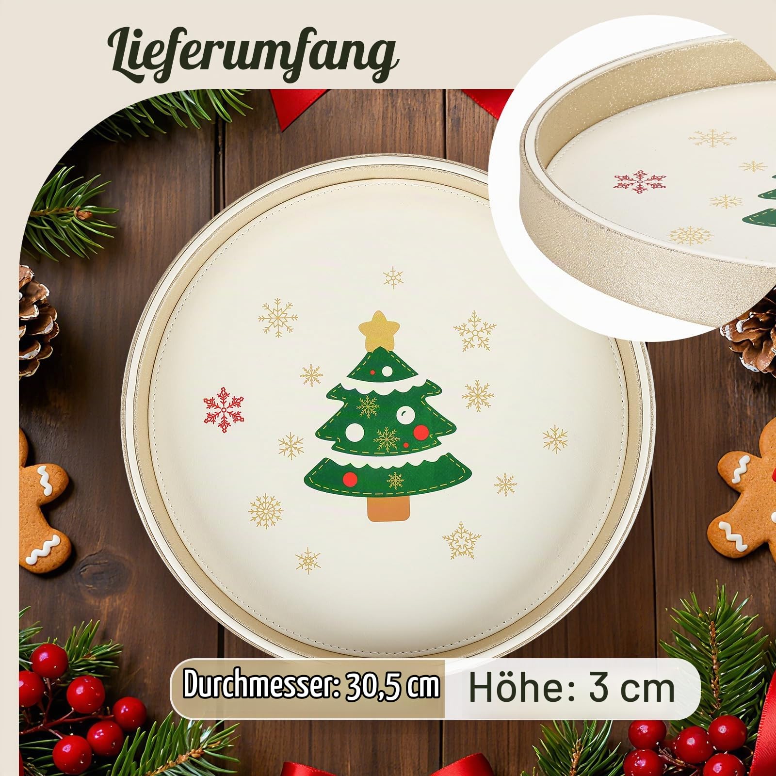 GORESE Weihnachtliche Serviertablett, Leder Rund Deko Tablett Tischtablett Küchentablett Teelichthalter Nachttisch Ablageschale… – Ansicht 6