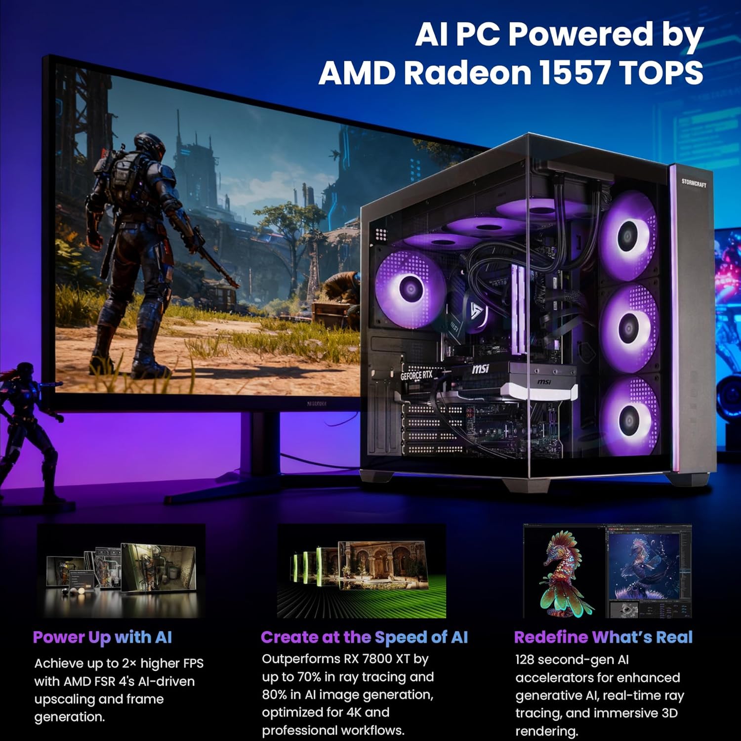 STORMCRAFT Falcon AI Gaming Computer AMD Ryzen 7 7800X3D 5.0 GHz, RX 9070 XT 16G, 32GB DDR5 RGB 6000MHz RAM, 1TB Gen4 NVMe SSD, 850W Gold ATX 3 PSU, 360mm AIO, USB-C, Bluetooth, Wi-Fi VR Ready PC