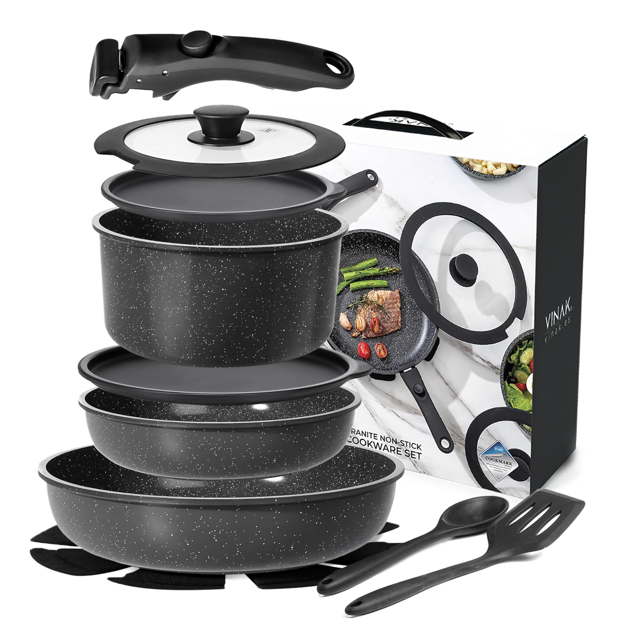 VINAK - Set de sartenes antiadherentes 11 piezas para cocinar y almacenar | Mango extraible, Inducción y Hornocompatible