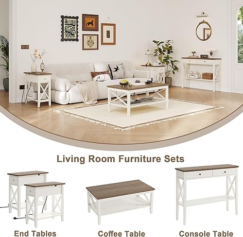 Miniatura 7 de ChooChoo Juego de 2 mesas auxiliares con estación de carga, mesa auxiliar estrecha con puertos USB y tomas, mesita de noche pequeña con cajón para