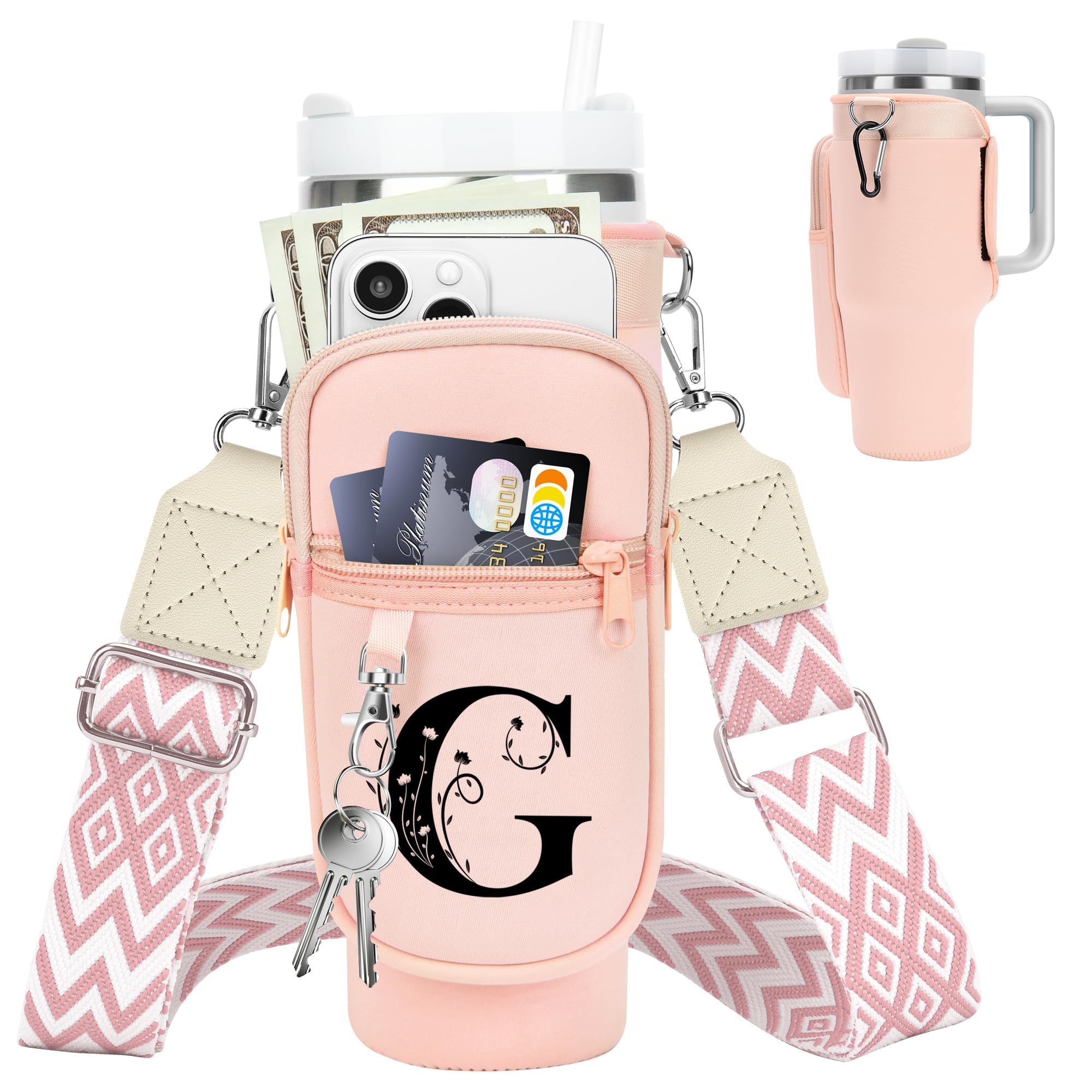 Initial Water Bottle Holder with Strap for Stanley Cup 40 oz Tumbler