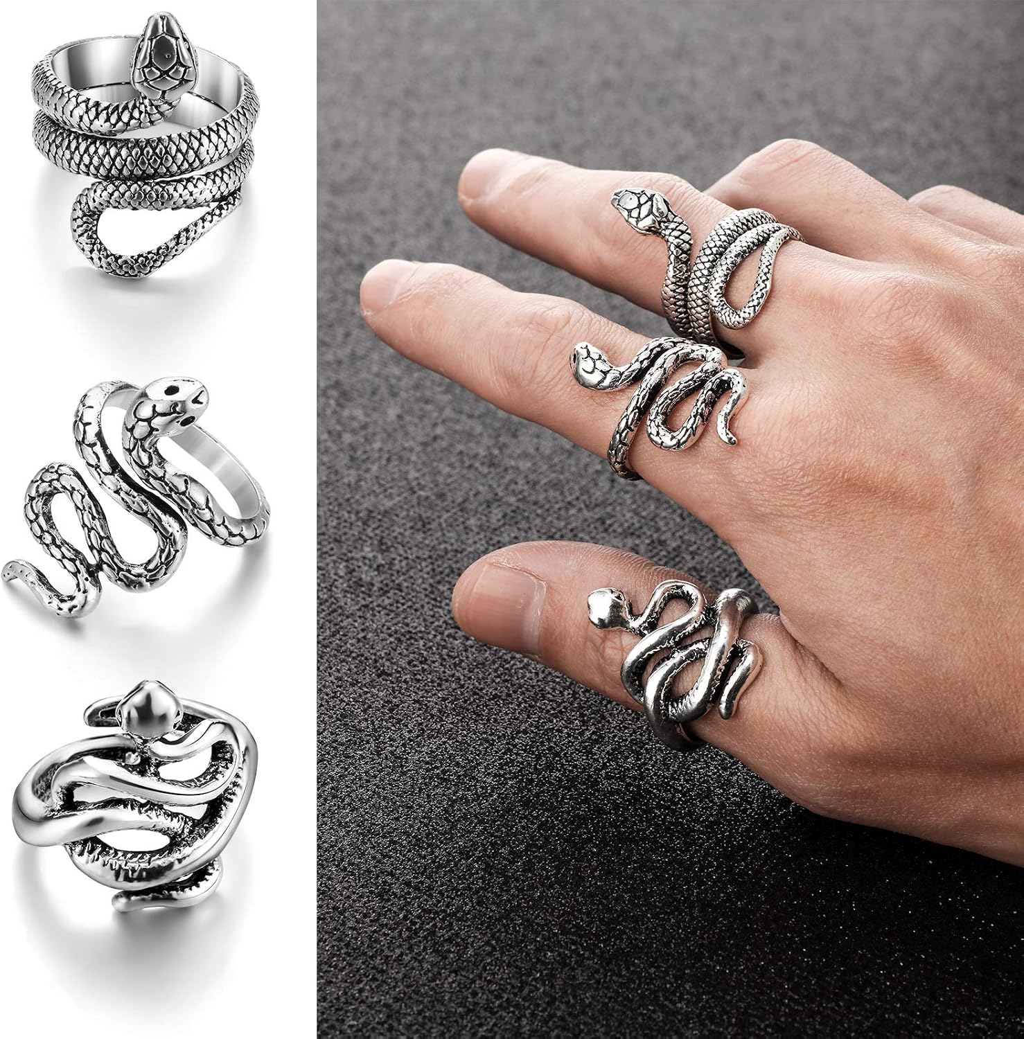 12 Pcs Vintage Snake Ring Animal Ring Set Punk Rings Retro Snake Rings Set for Men Women Opening Adjustable Ring (Retro)