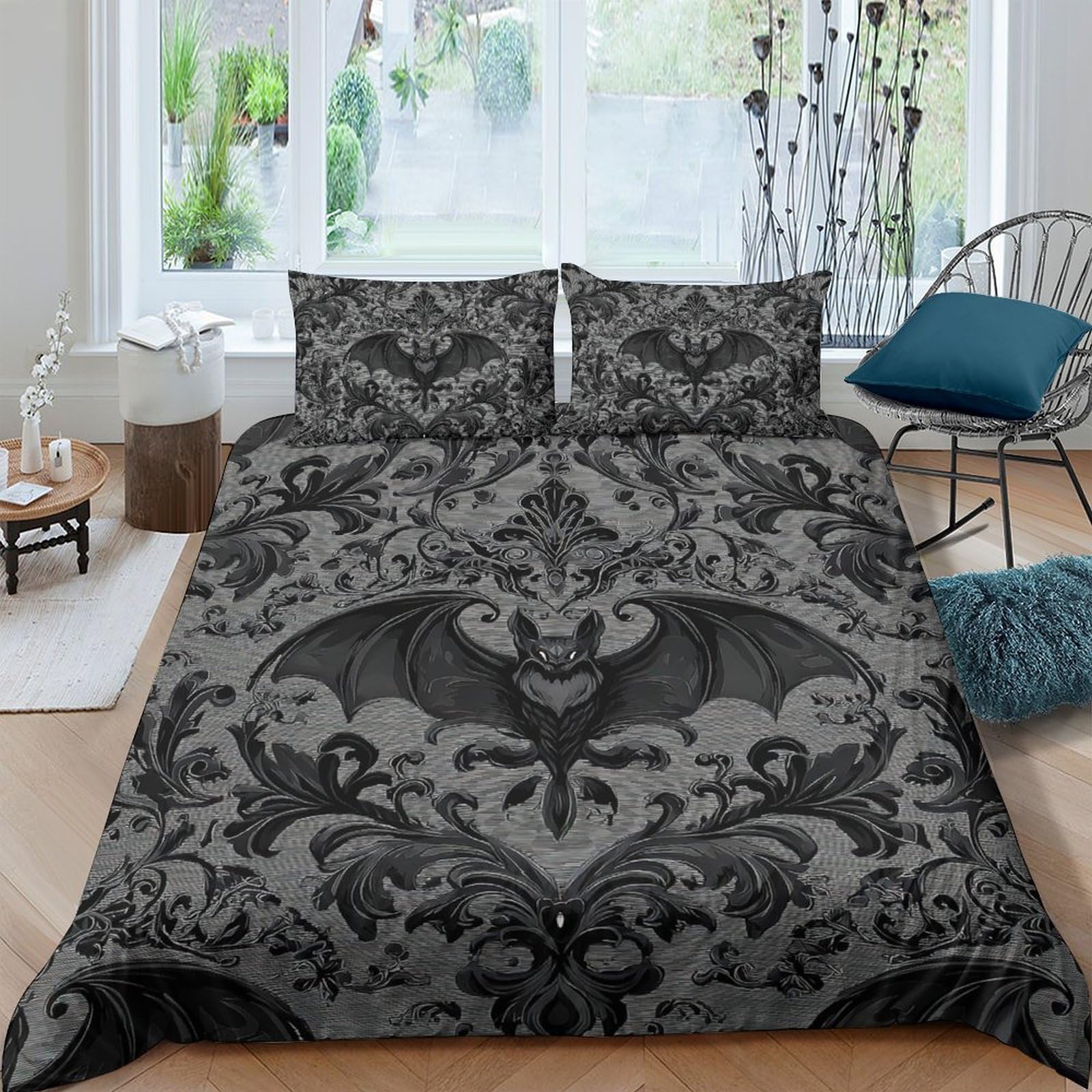 Ctjqhvkz Style-2 3D Printed Gothic Bat Fitted Sheet Microfiber Soft Dark Baroque Skull Bed Cover For Bedroom Guest Room Decor Single（135X200cm）