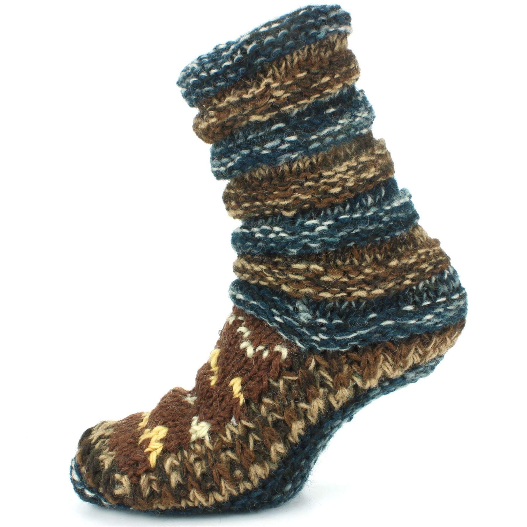 LOUDelephant Chunky Wool Knit Abstract Pattern Slipper Socks - Blue & Brown