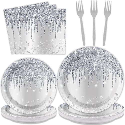 Juego vajilla 96 piezas con brillantina plateada, decoración mesa feliz cumpleaños, diamantes con brillantina, platos de postre, servilletas,