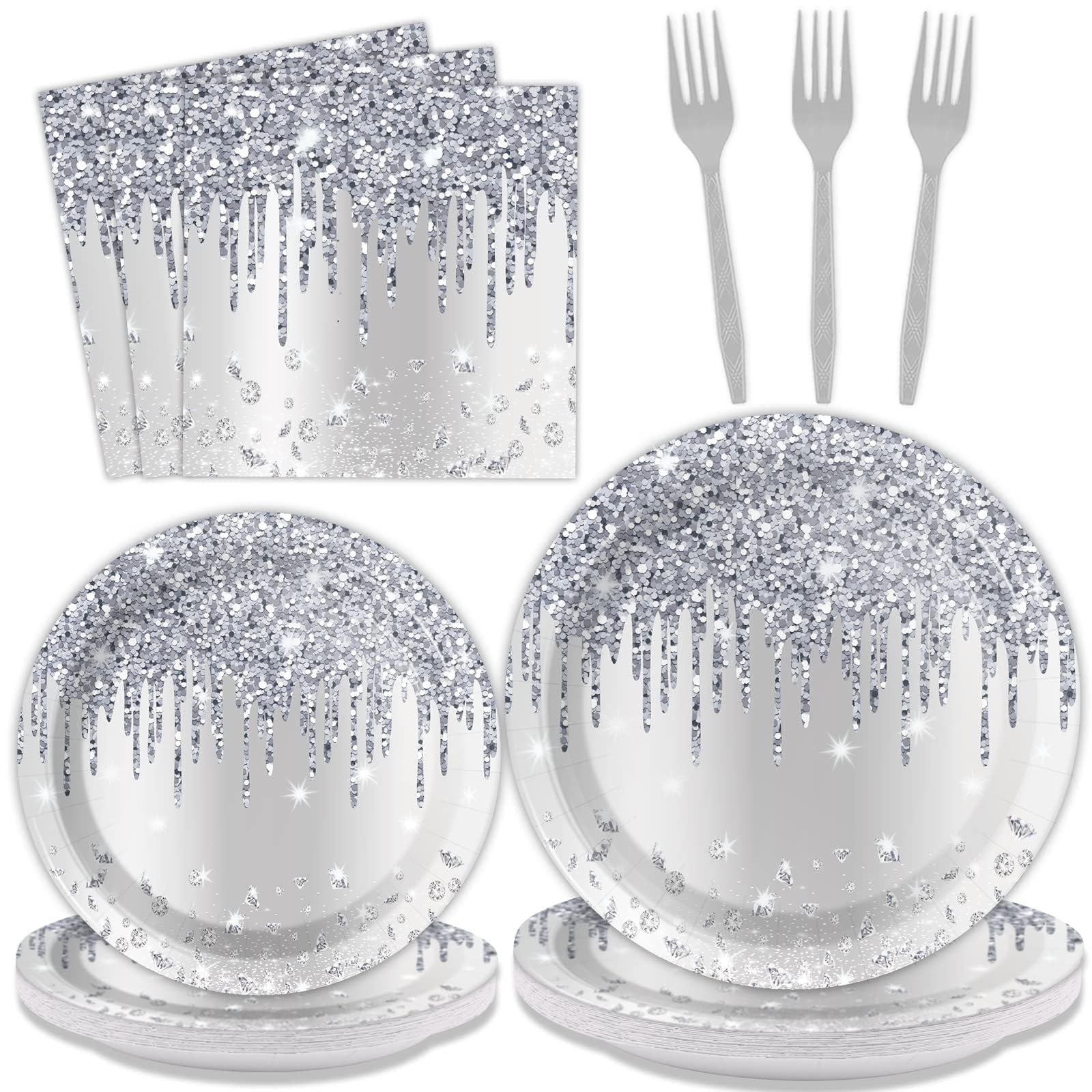 96 Pieces Silver Glitter Party Tableware Set for Denim and Diamonds Party Decorations Silver Plates and Napkins Forks Glitter Diamonds Theme Birthday Table Decorations for 24 Guests Parties Supplies