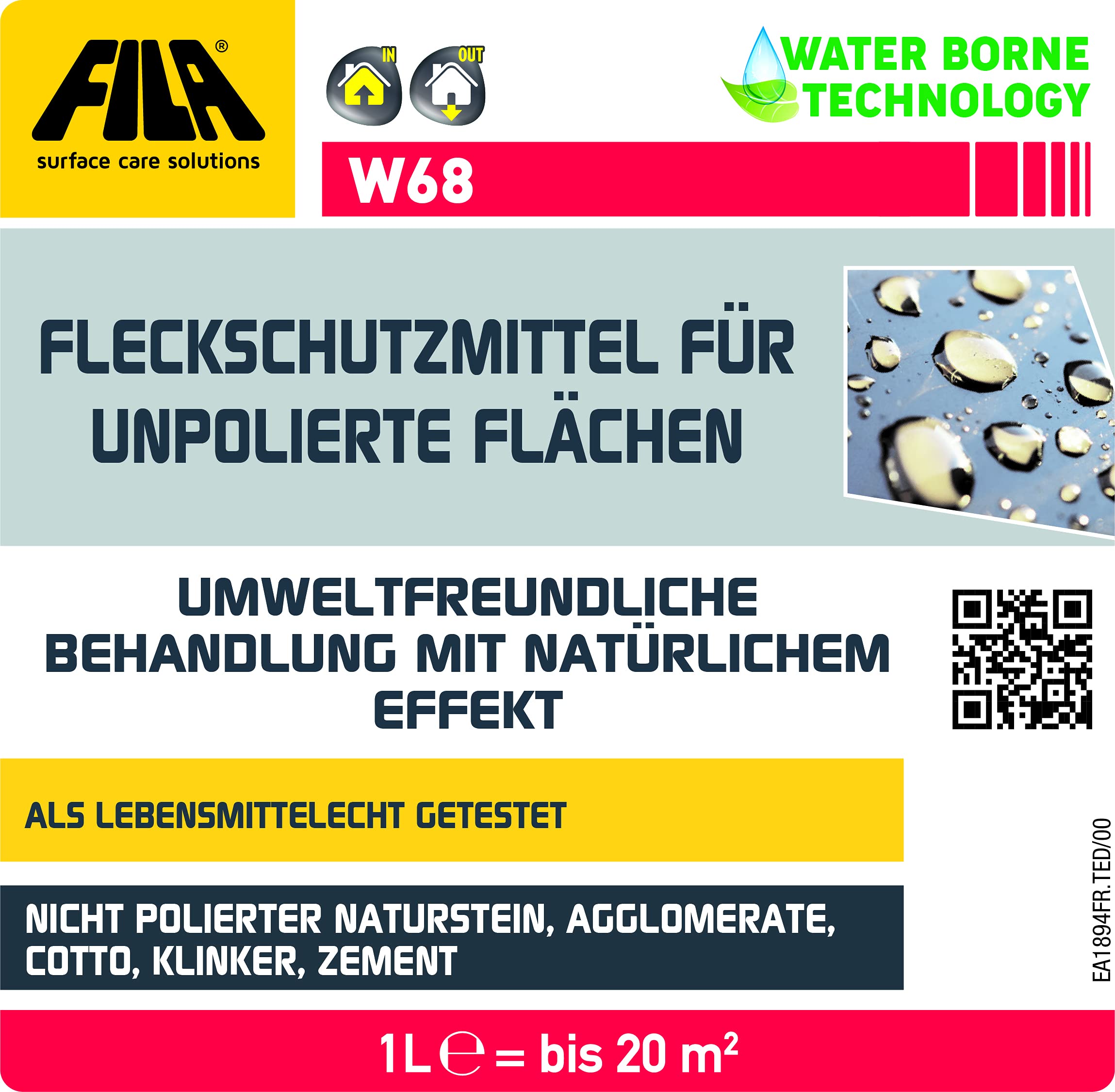 FILA Surface Care Solutions, W68, Repelente al Agua y al Aceite para Superficies no Brillantes, impregnación de Piedra Exterior/Interior, Sellado de adoquines, impregnación de Clinker, 1 L