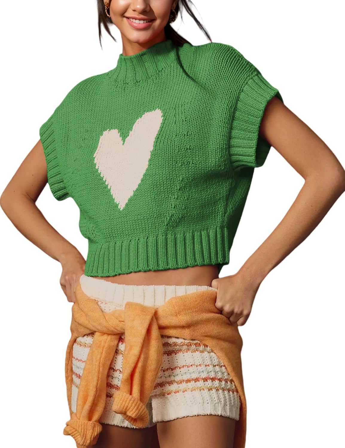 Women Cap Sleeve Sweater Vest Cute Heart Print Mock Neck Sweaters Knitted Pullover Tank Tops