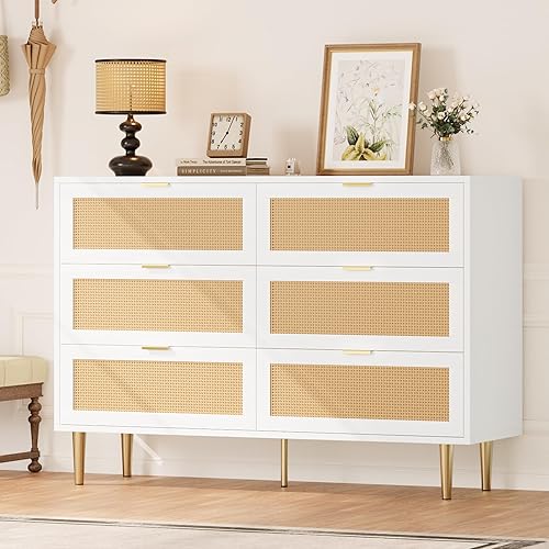 GAOMON 6 Drawer Rattan Dresser for Bedroom, Bohemian Chest of Dressers with Metal Legs, Sleek Wood Dresser with Ample Storage, Rattan Chest of Drawers for Living Room, White