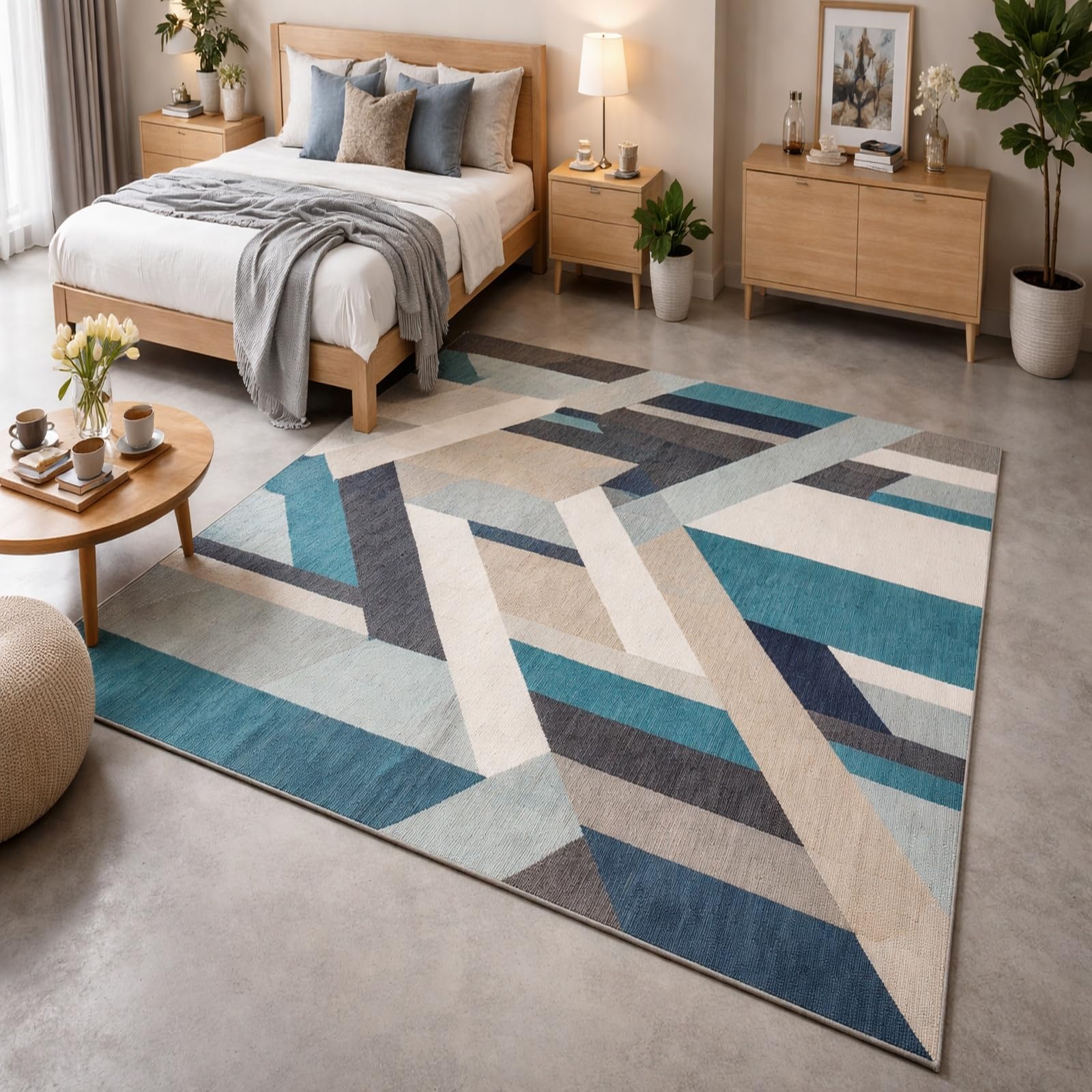 Tapis salon à poils ras 180x280cm bleu géométrique moderne Rururug
