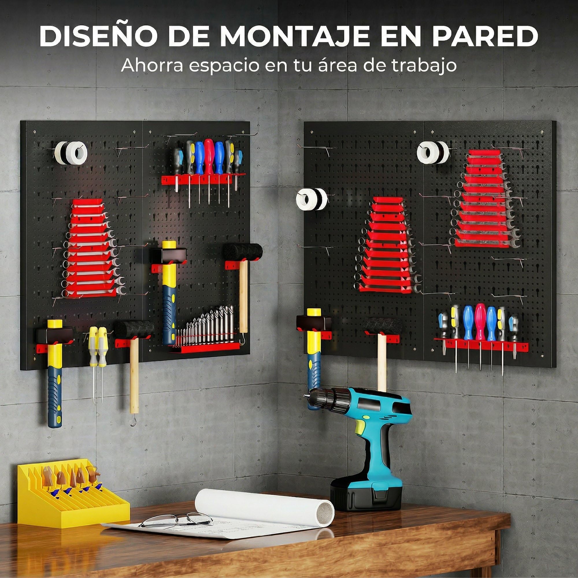 HOMCOM 4 Paneles de Herramientas de Pared, 38 Piezas, cada panel 60x40 cm, Organizador de Herramientas de Pared con Ganchos y Estantes, para Garajes y Bricolaje, Negro y Rojo