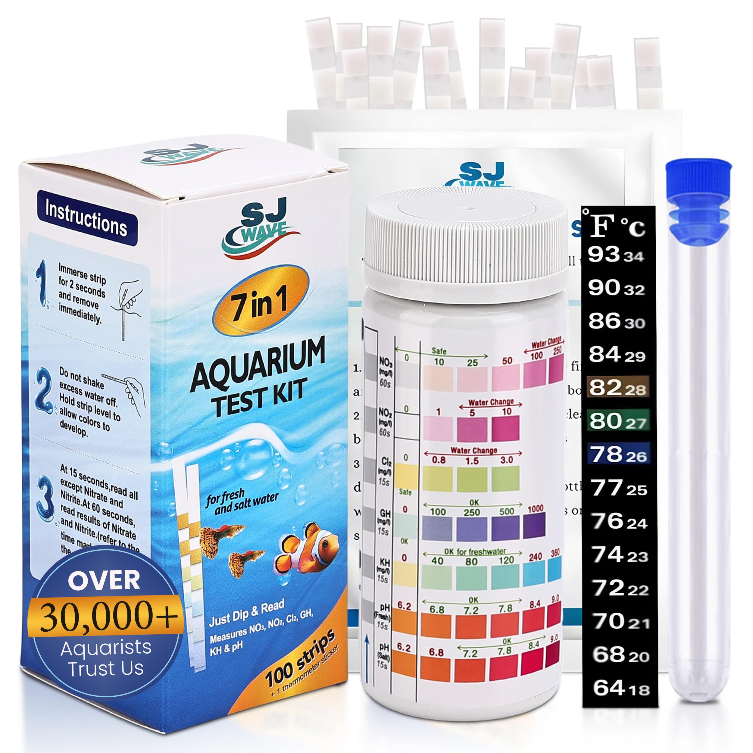 7 in 1 - Aquarium Test Strips | 100 Fast & Accurate Strips | Fish Tank Aquariums Water Test Kit & ebook | Aquarium Thermometer | Fish Tank Water Testing Kit for Fresh & Saltwater | Versatile Usage
