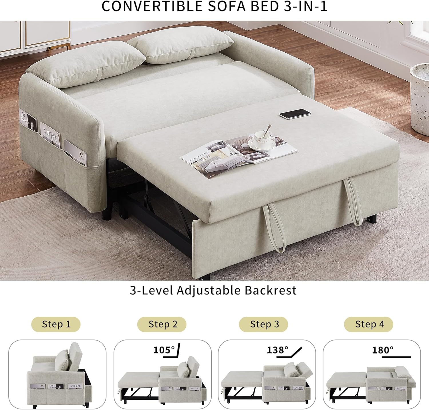 Merax 55.1" W Convertible Sofa Bed with Adjustable Backrest,2 Pillows,USB Ports and 6 Storage Side Pockets,Pull-Out Sleeper Sofabed Microfiber Loveseat Couch for Living Room, Bedroom, Apartment,Beige