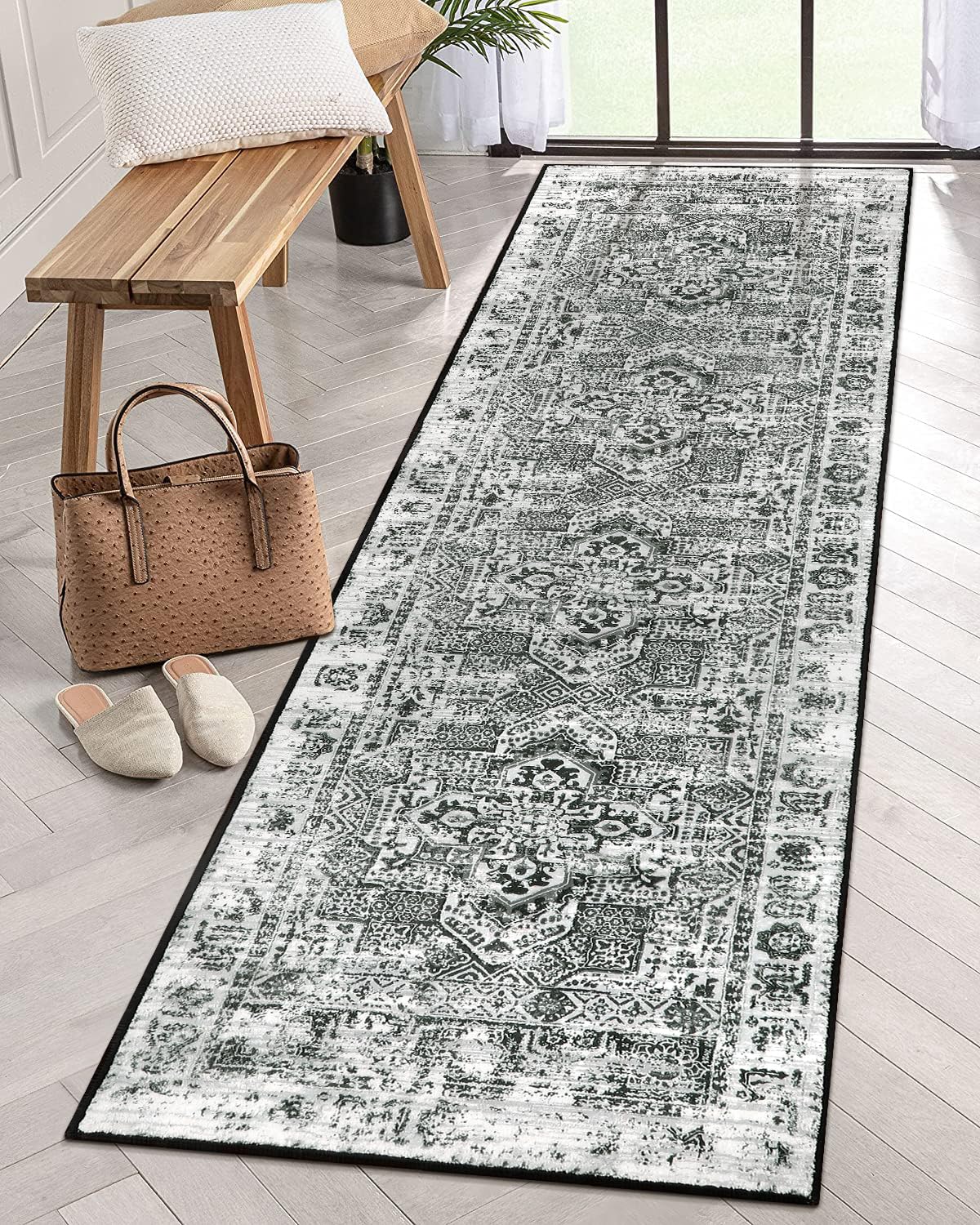 Lahome Machine Washable Runner Rug 2x8, Boho Vintage Soft Long Mats for Hallway, Non-Slip Low-Pile Indoor Carpet Runner for Bedroom Bedside Bathroom Kitchen Entryway RV,Black