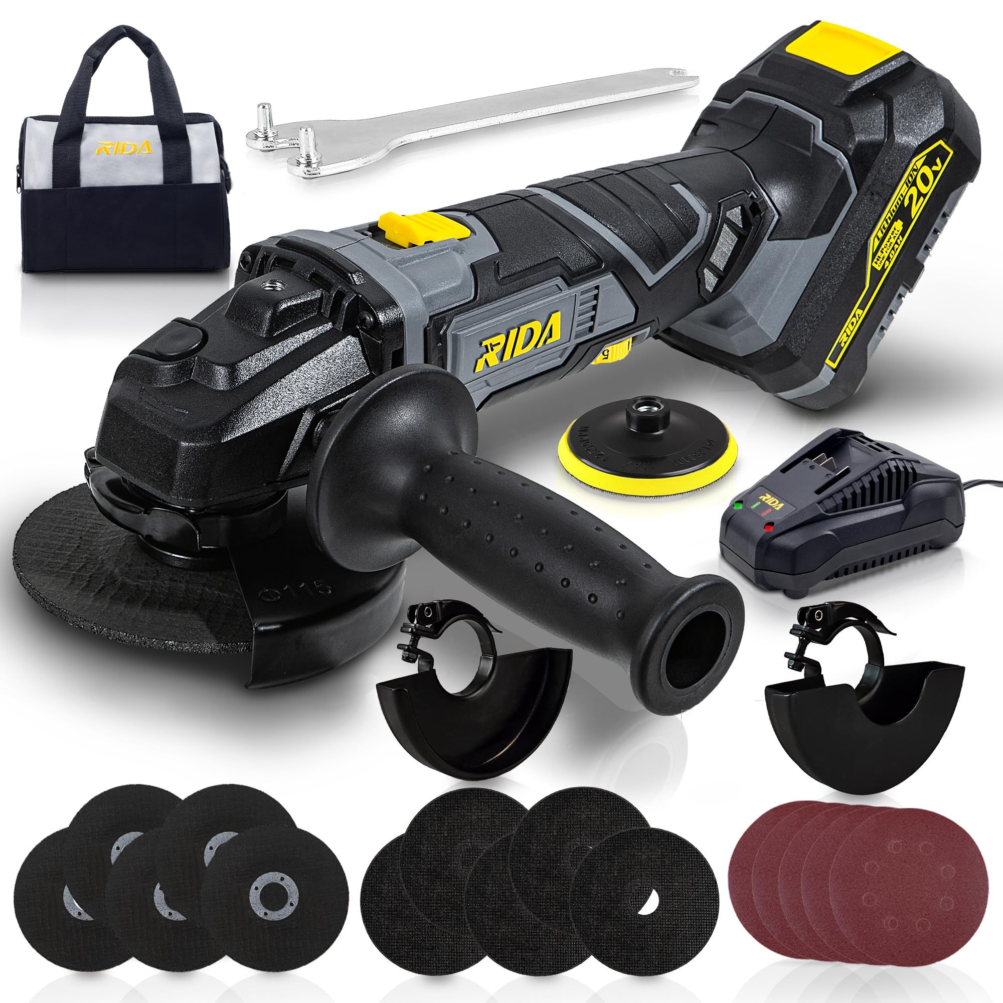 RIDA Cordless Angle Grinder Kit 4 1/2 Inch Cordless Grinder Cut Off Tool 10000RPM 6 Speed Options 20V 4.0Ah Battery & Fast Charger, Adjustable Handle Grinder for Cutting and Grinding Stone and Metal