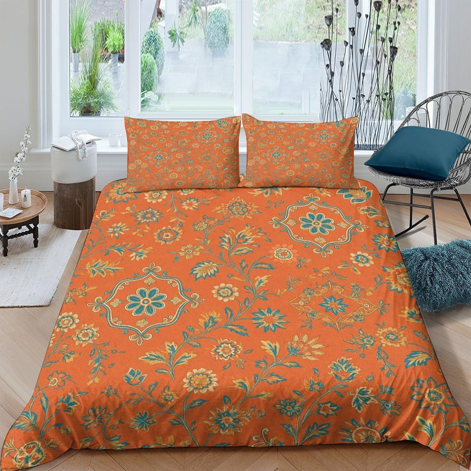 Ctjqhvkz Style-4 3D Printed Mandala Floral Fitted Sheet Microfiber Soft Orange Boho Geometric Bed Cover For Bedroom Dorm Decor Single（135X200cm）