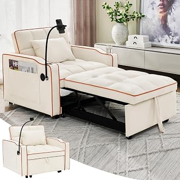 3 In 1 Velvet Convertible Single Sofa Bed,Pull Out Couch Bed With Reclining Backrest &Pillows,38.2" Modern Chaise Lounge Sleeper Sofa Futon Chair Bed,Couches for Small Spaces,Living Room Beige