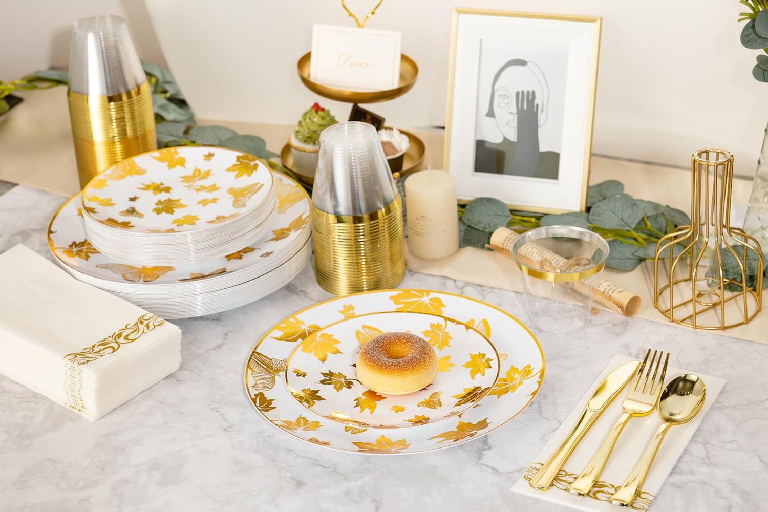 175PCS White and Gold Plastic Dinnerware Set for 25 Guests,Maple Leaf Gold Disposable Plates for Party, Include 50 Plates, 25 Paper Napkins, 25 Cups, 25 Plastic Silverware Set