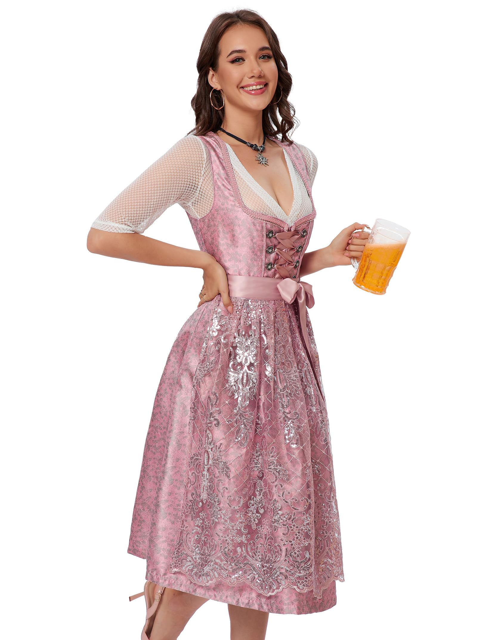 YesFashion Dirndl Damen Midi Dirndl für Damen Trachtenkleid 3Tlg. Trachtenmode Kleid für Oktoberfest Rosa