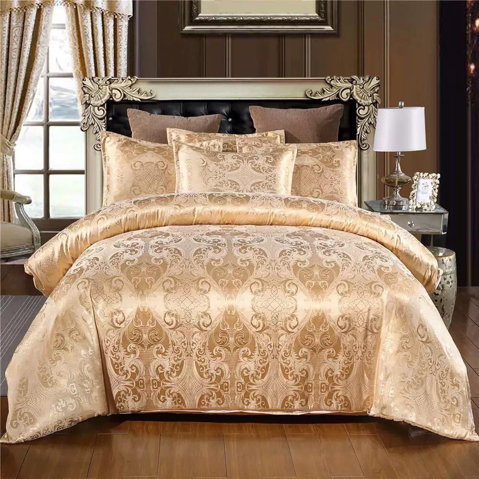 Single Duvet Cover Sets Silk Satin Bedding Sets with 1 Pillowcase Gold Bohemian Comforter Cover for Kids Boys Girls Reversible Hotel Quality Easy Care Soft Luxury Boho Bedding Collections 135x200 cm