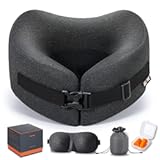 MLVOC Travel Pillow Memory Foam Neck Pillow&comma; Adjustable Comfort Breathable Cover&comma; Airplane Travel Set with 3D Sleep mask&comma; Earplugs Box&comma; for Airplane&comma; Car&comma; Office&comma; Home &lpar;Full Black&rpar;
