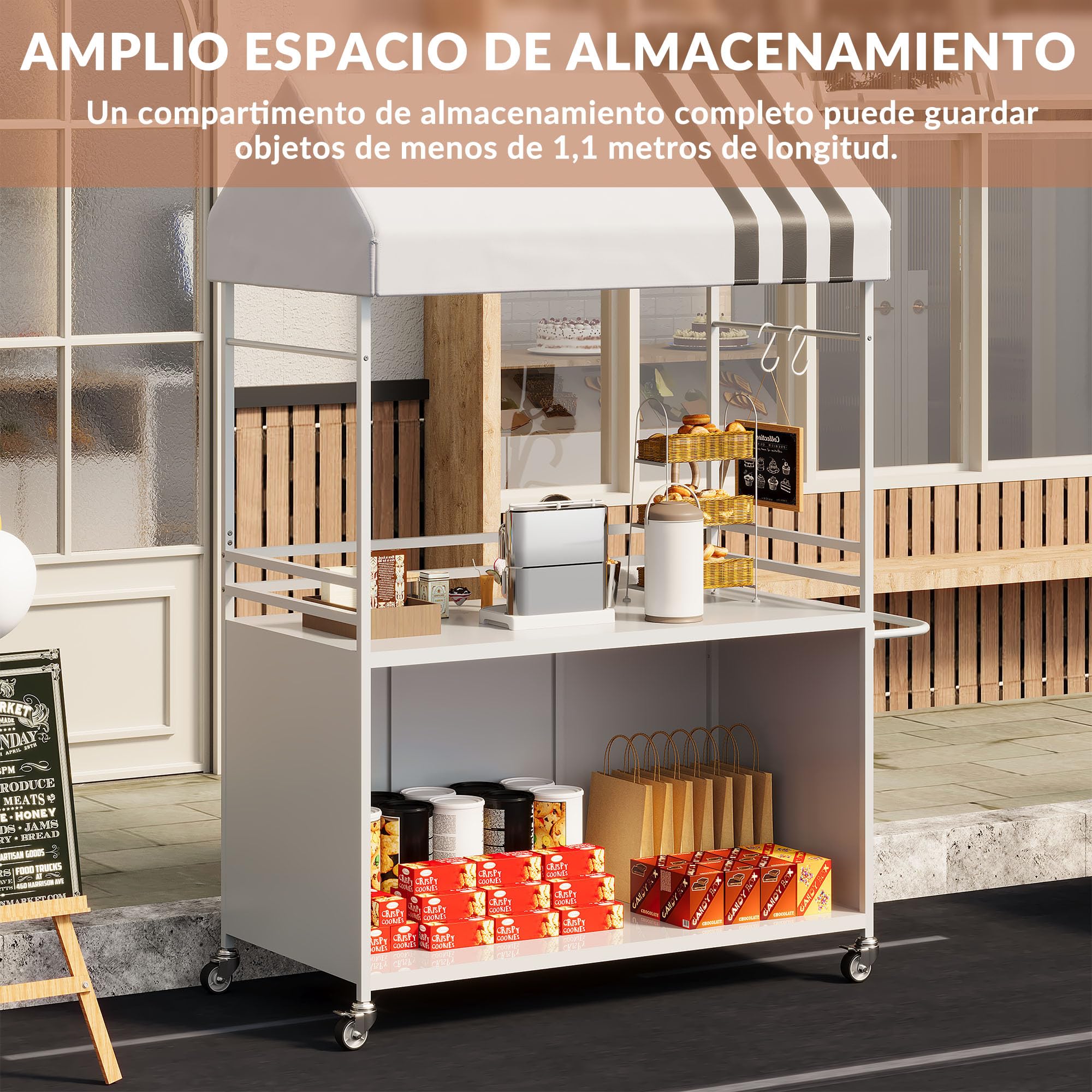 Carrito de Venta portátil con toldo, carritos de Comida móviles con Ruedas con Bloqueo, Soporte de exhibición Callejero de 190 cm de Altura, Resistente, para Eventos en Interiores y Exteriores.