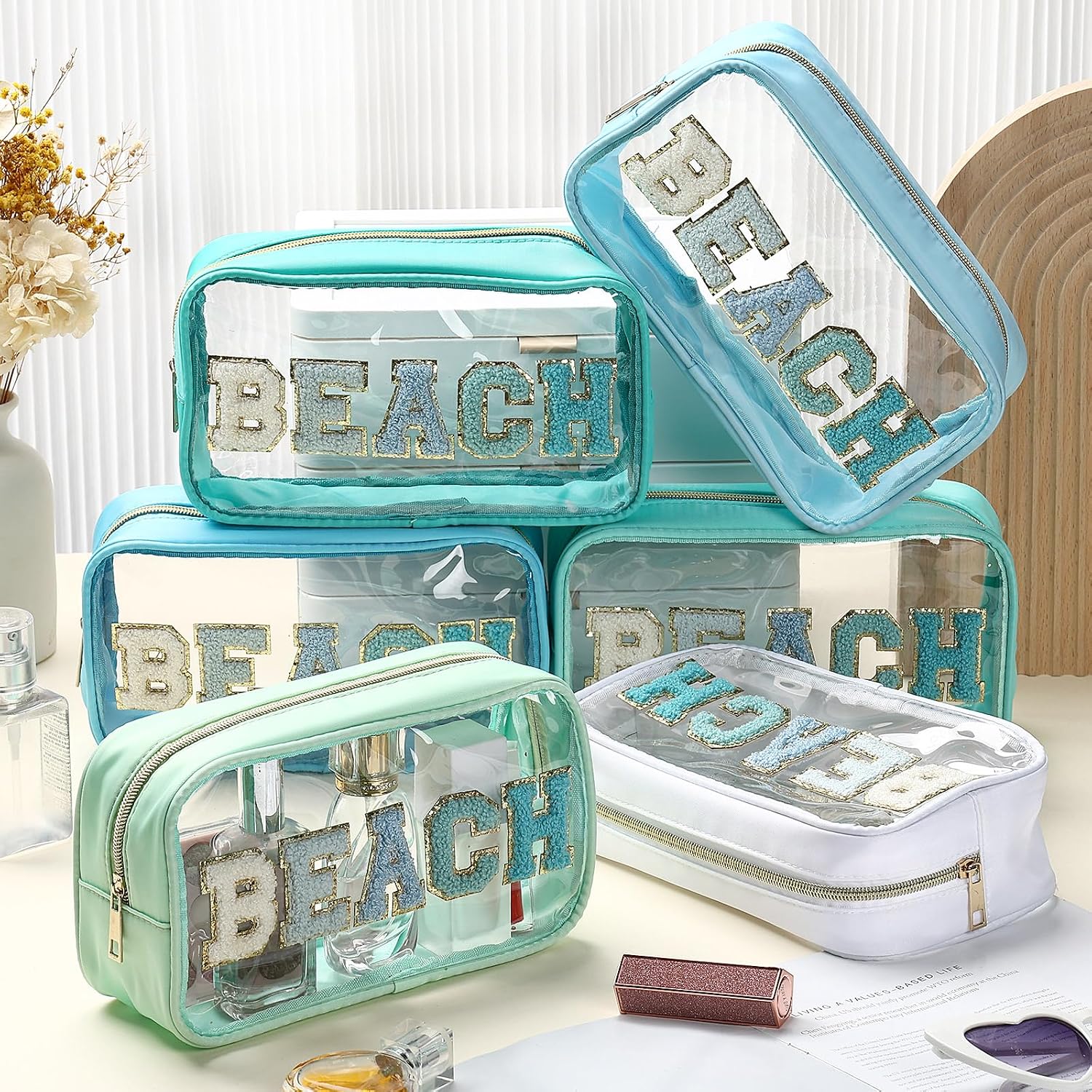 Kacctyen 6 Pcs Clear Beach Makeup Bags Bulk Preppy Patch Makeup Bags with Zipper Chenille Letter Waterproof Toiletry Cosmetic Pouch Organizer for Summer Beach Pool Vacation Women Gift